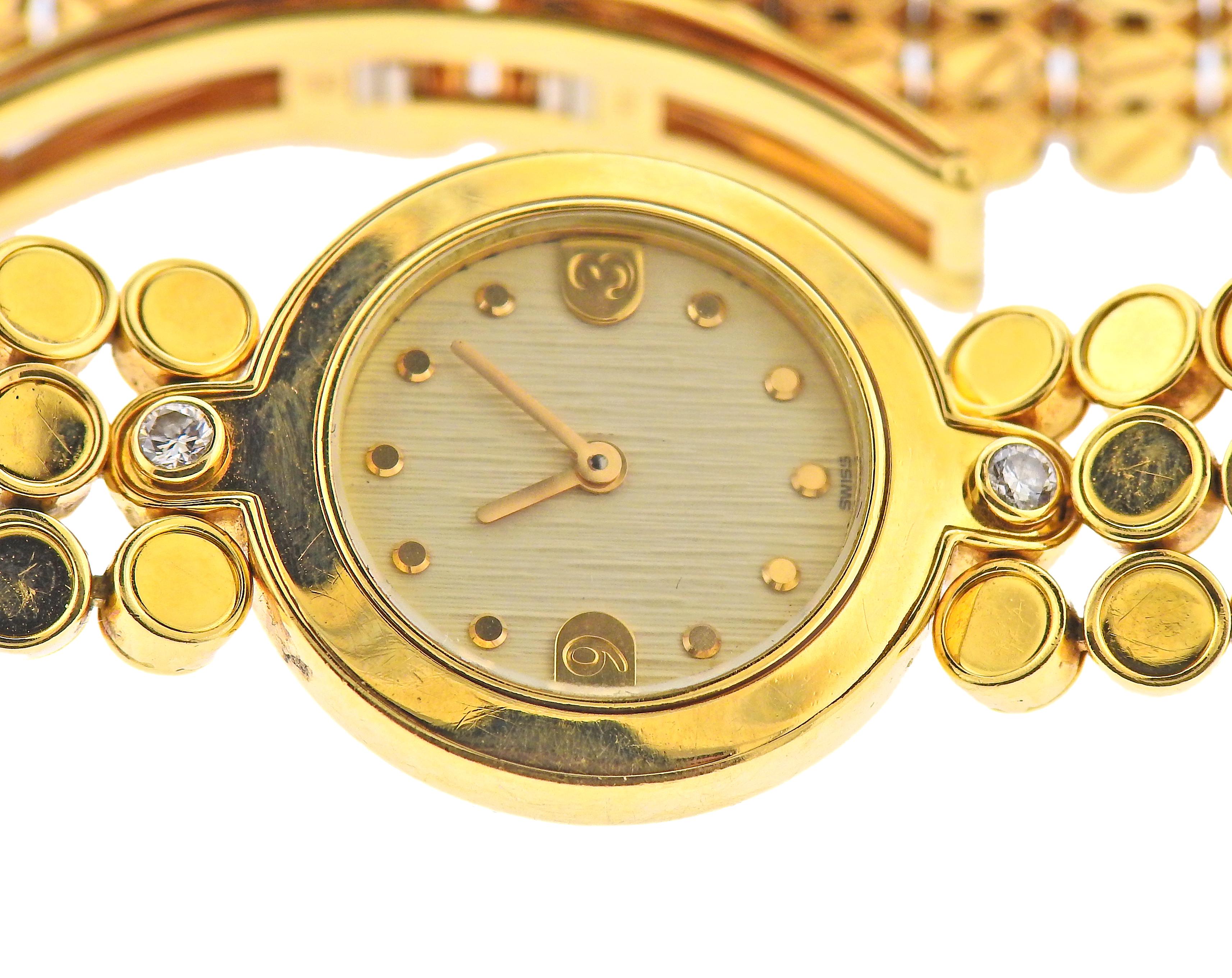 Damenuhr aus 18 Karat Gold von Harry Winston, verziert mit 2 Diamanten. Gehäuse - 22 mm im Durchmesser. 18k Goldarmband mit versteckter Faltschließe passt bis zu 7
