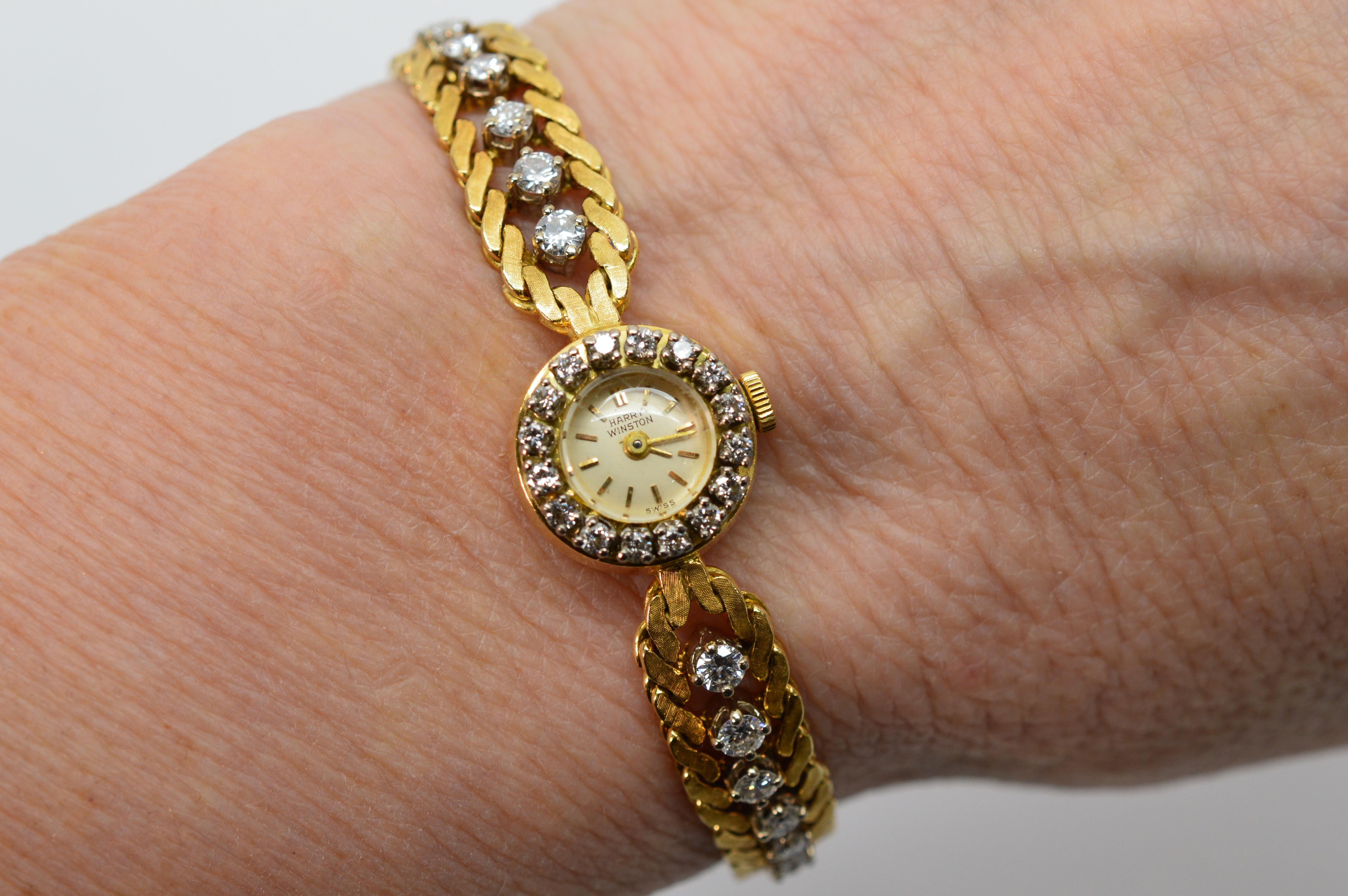 Harry Winston Diamant Gelbgold Damenkleid-Armbanduhr mit Diamanten (Rundschliff)