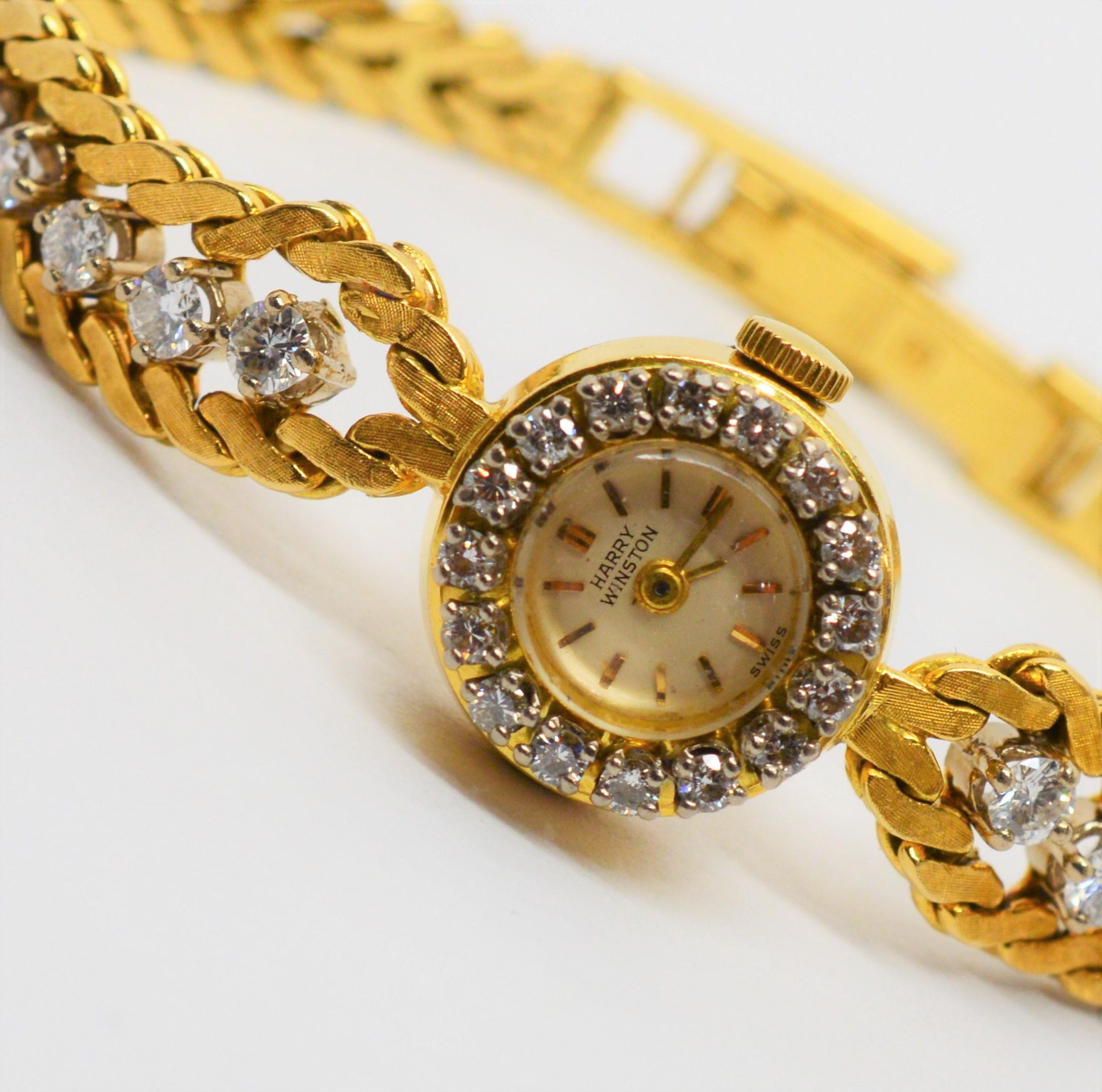 Harry Winston Diamond Yellow Gold Ladies Dress Bracelet Wristwatch In Excellent Condition In Mount Kisco, NY