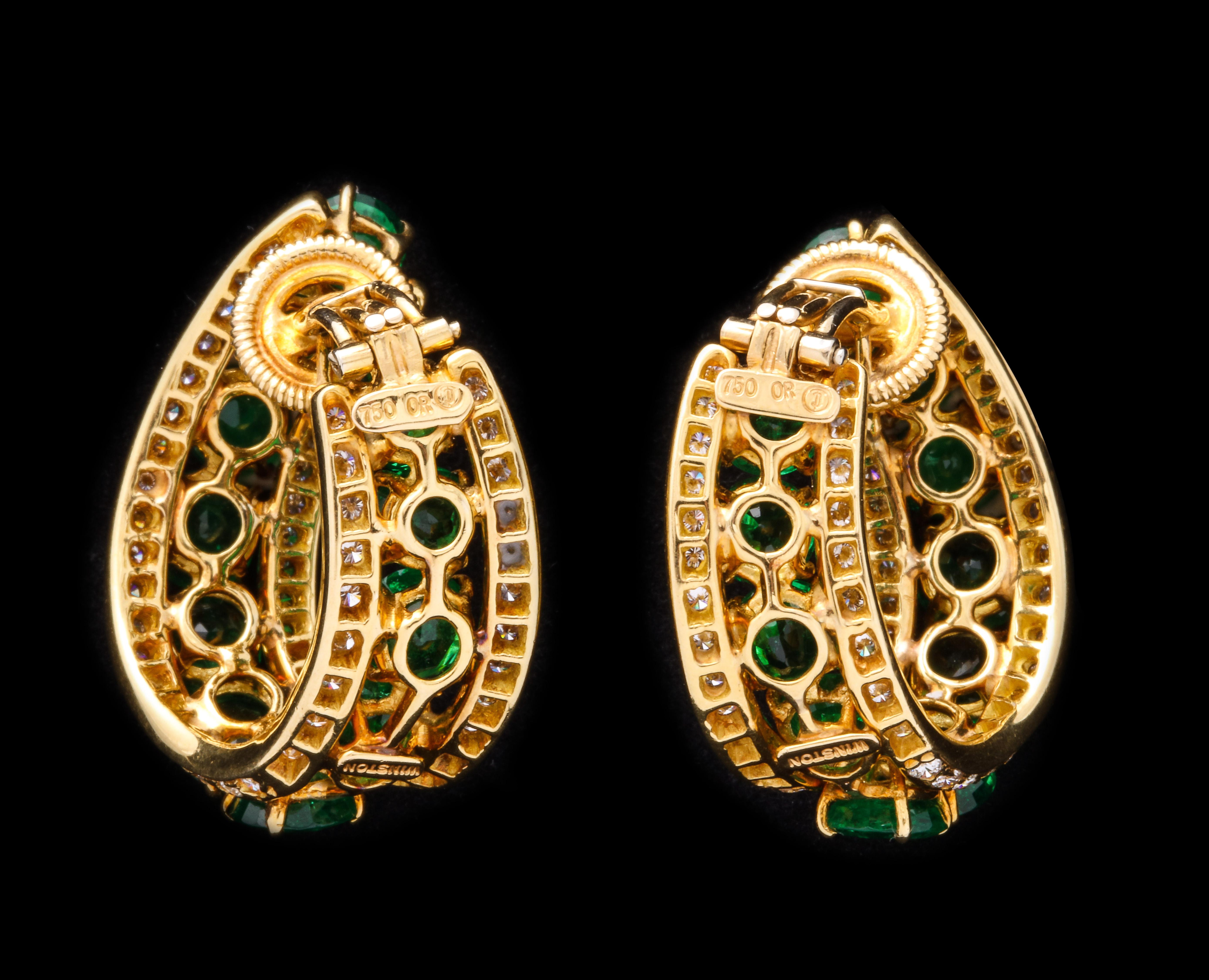 Round Cut Harry Winston Emerald and Diamond Earrings