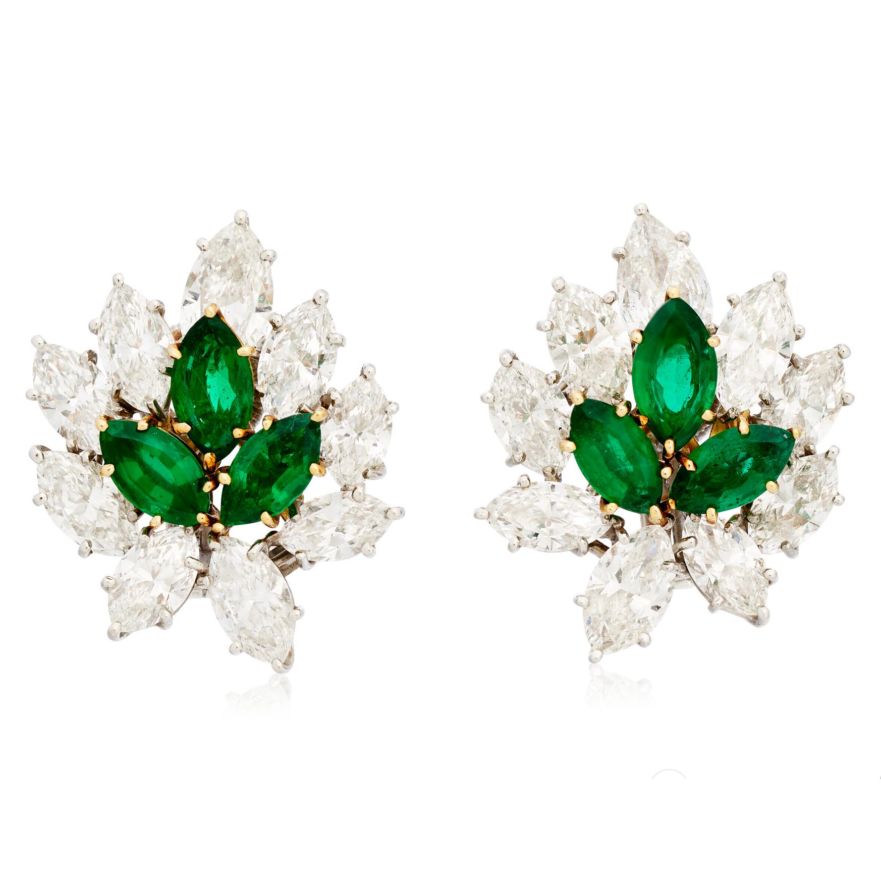 Marquise-cut emeralds, marquise and pear-shaped diamonds, platinum and 18k yellow gold,
maker's mark (Jacques Timey), black Harry Winston pouch Harry Winston,
 Emeralds: 6 marquise-cut with a total weight of 3.78 carats Diamonds: 16 marquise-cut