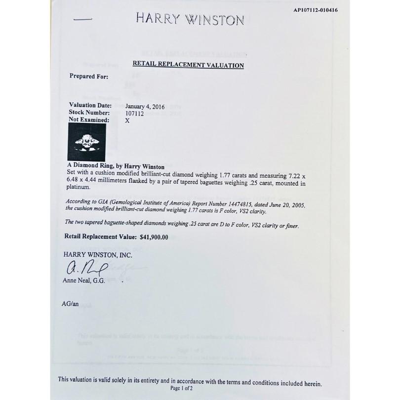Harry Winston Engagement Ring Cushion Cut Diamond 1.77-ct F/VS2 GIA Estate For Sale 2