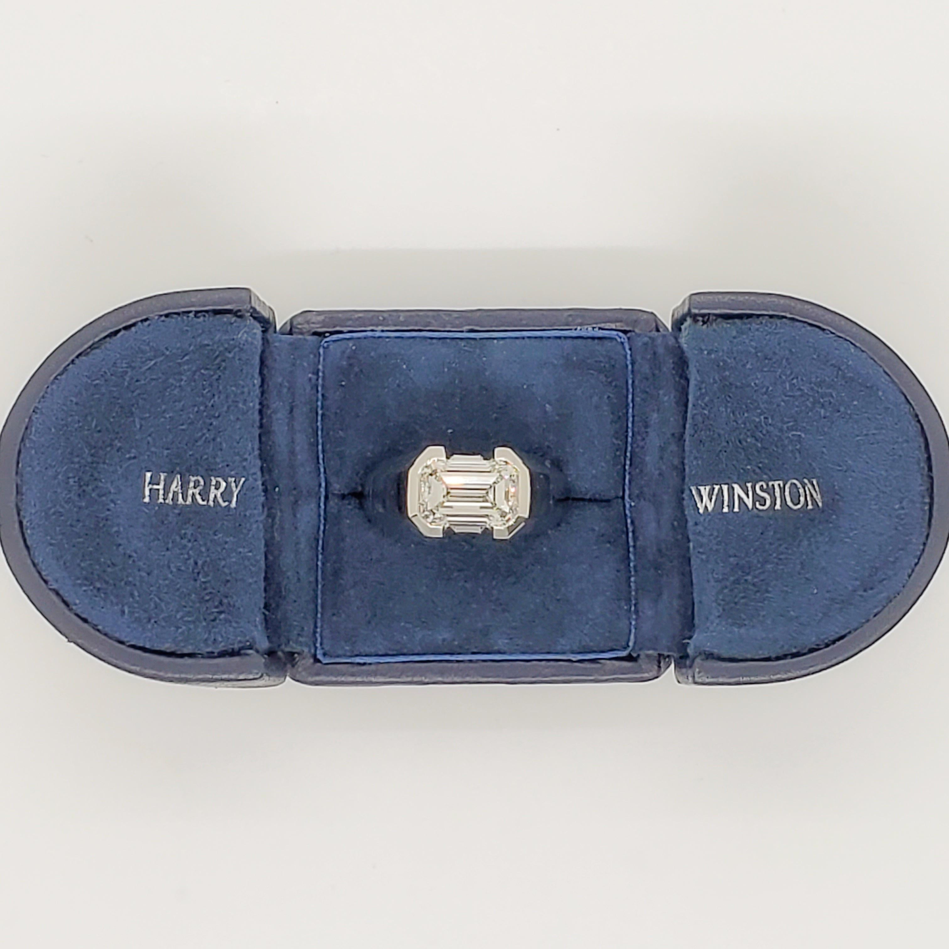 Estate Harry Winston ring featuring a 5.01 ct. G color VS1 clarity white diamond emerald cut.  Platinum mounting.  Ring size 11.5.  Comes with GIA and original box.  Mint condition.