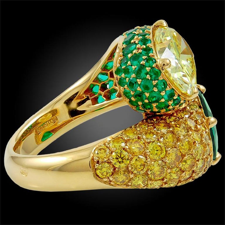 Harry Winston Fancy Intense Yellow Diamond and Emerald Twin Ring For ...