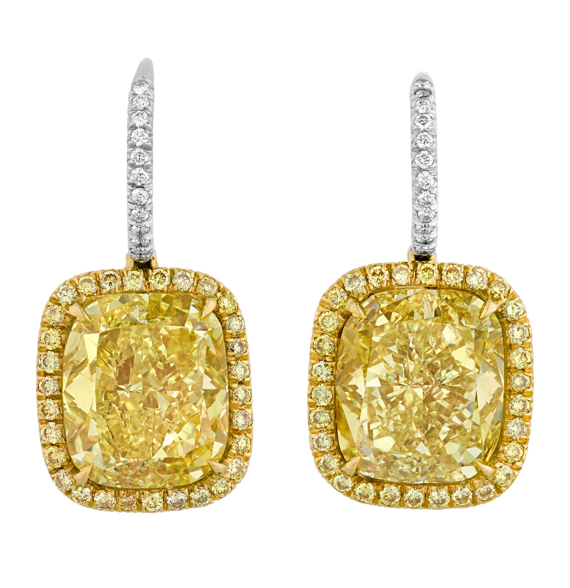 Cushion Cut Harry Winston Fancy Intense Yellow Diamond Earrings, 11.05 carats