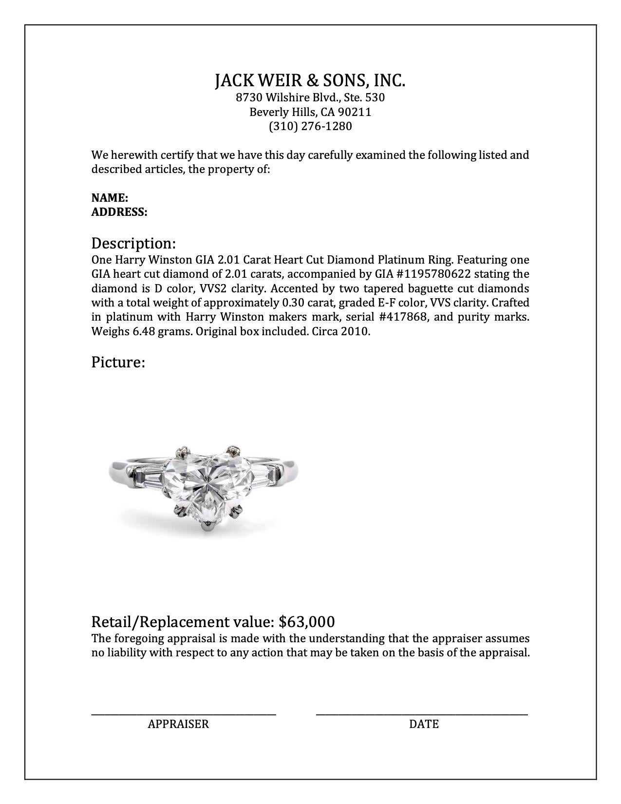 Harry Winston GIA 2.01 Carat Heart Cut Diamond Platinum Ring For Sale 4