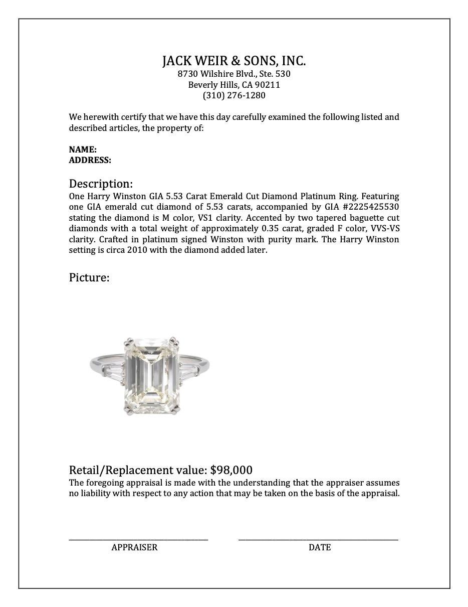 Harry Winston GIA 5.53 Carat Emerald Cut Diamond Platinum Ring 3