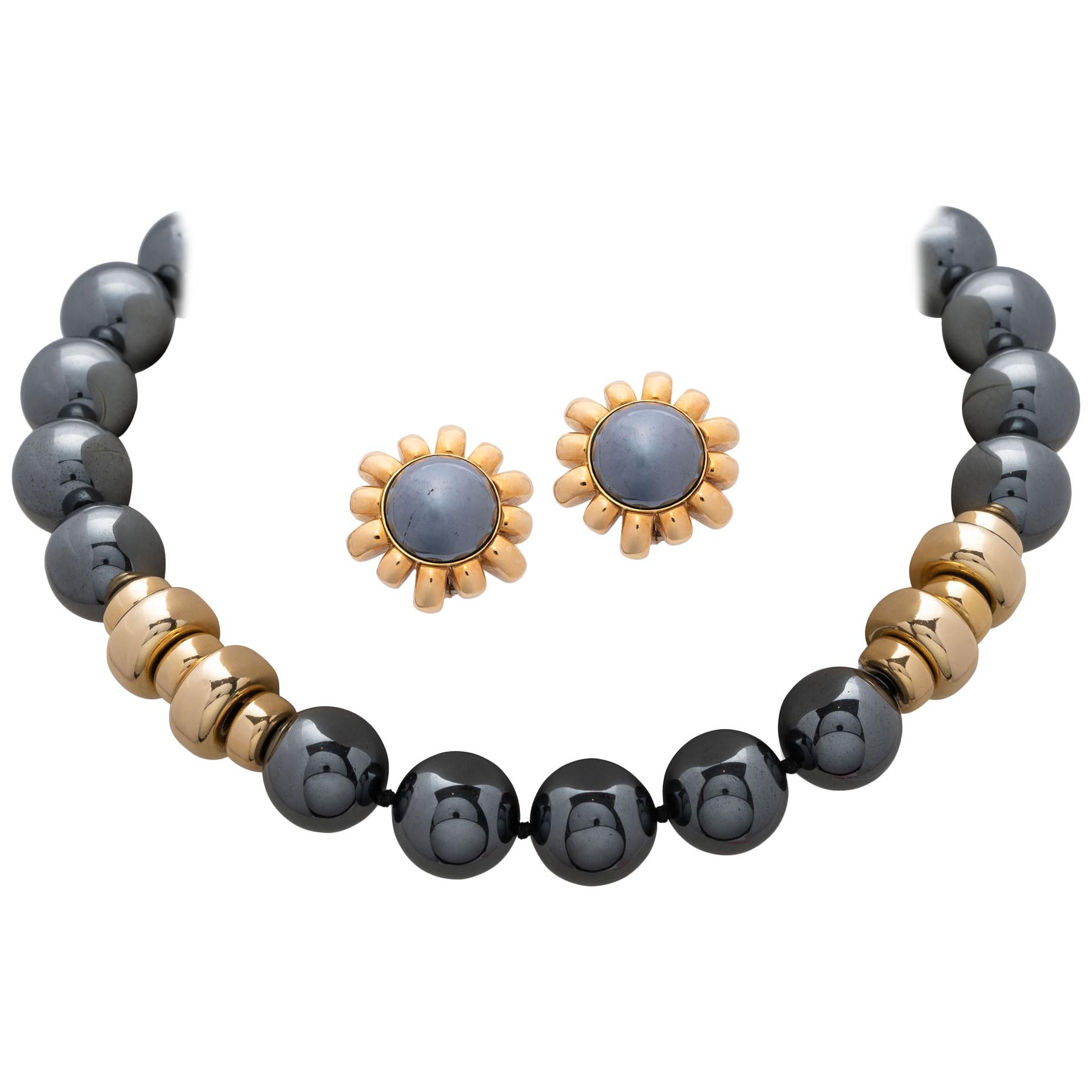 Harry Winston Hematite Gold Earring and a Gold Hematite Beads Necklace