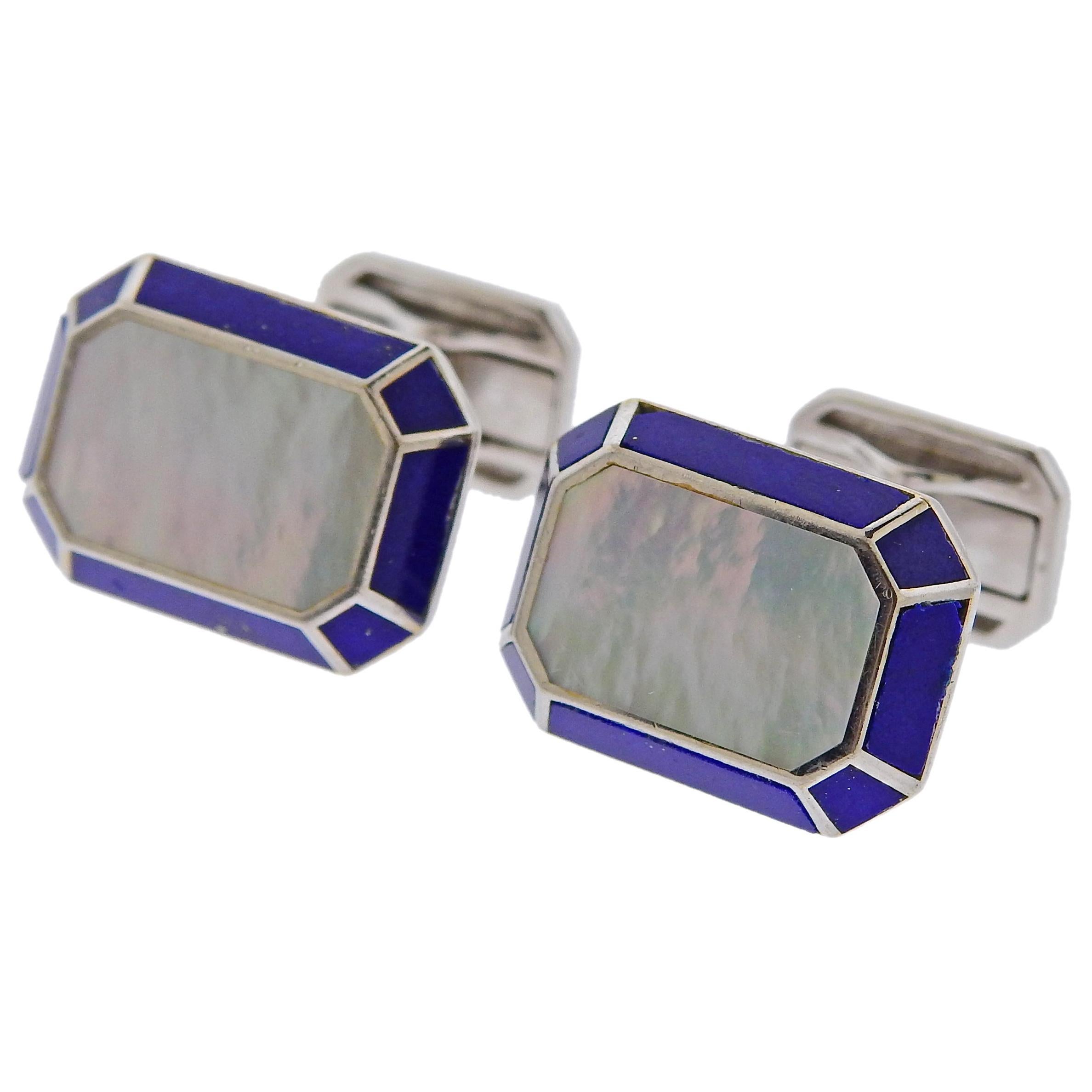 Harry Winston Lapis Mother of Pearl Gold Cufflinks For Sale