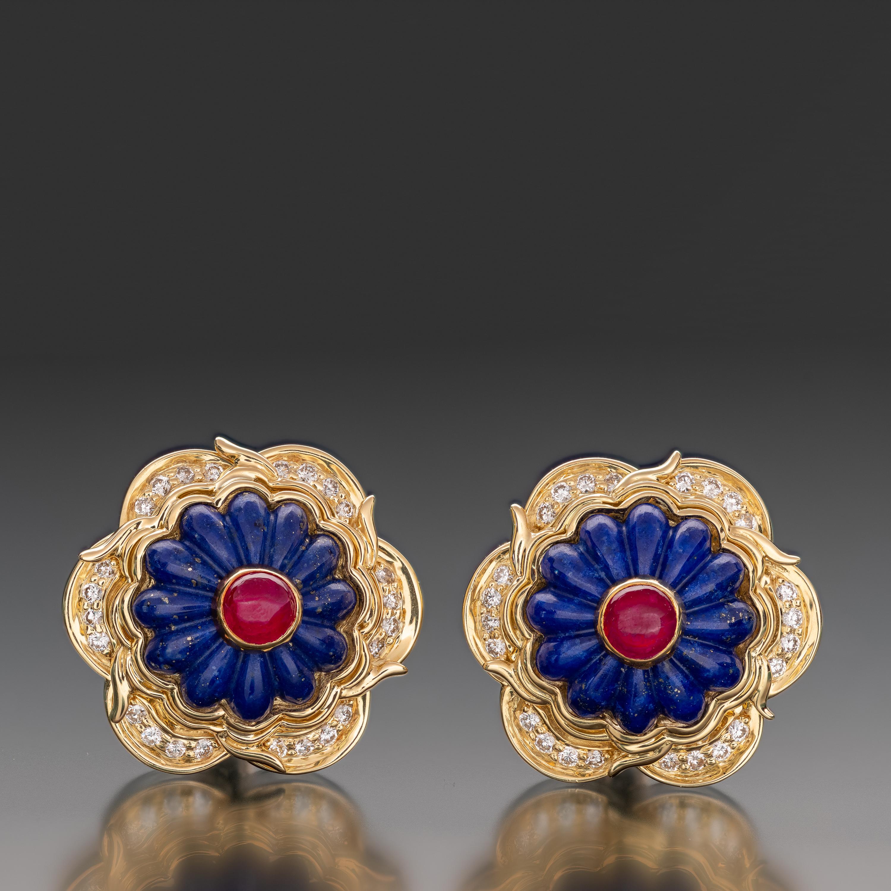 Round Cut Harry Winston Lapis, Ruby and Diamond Earrings