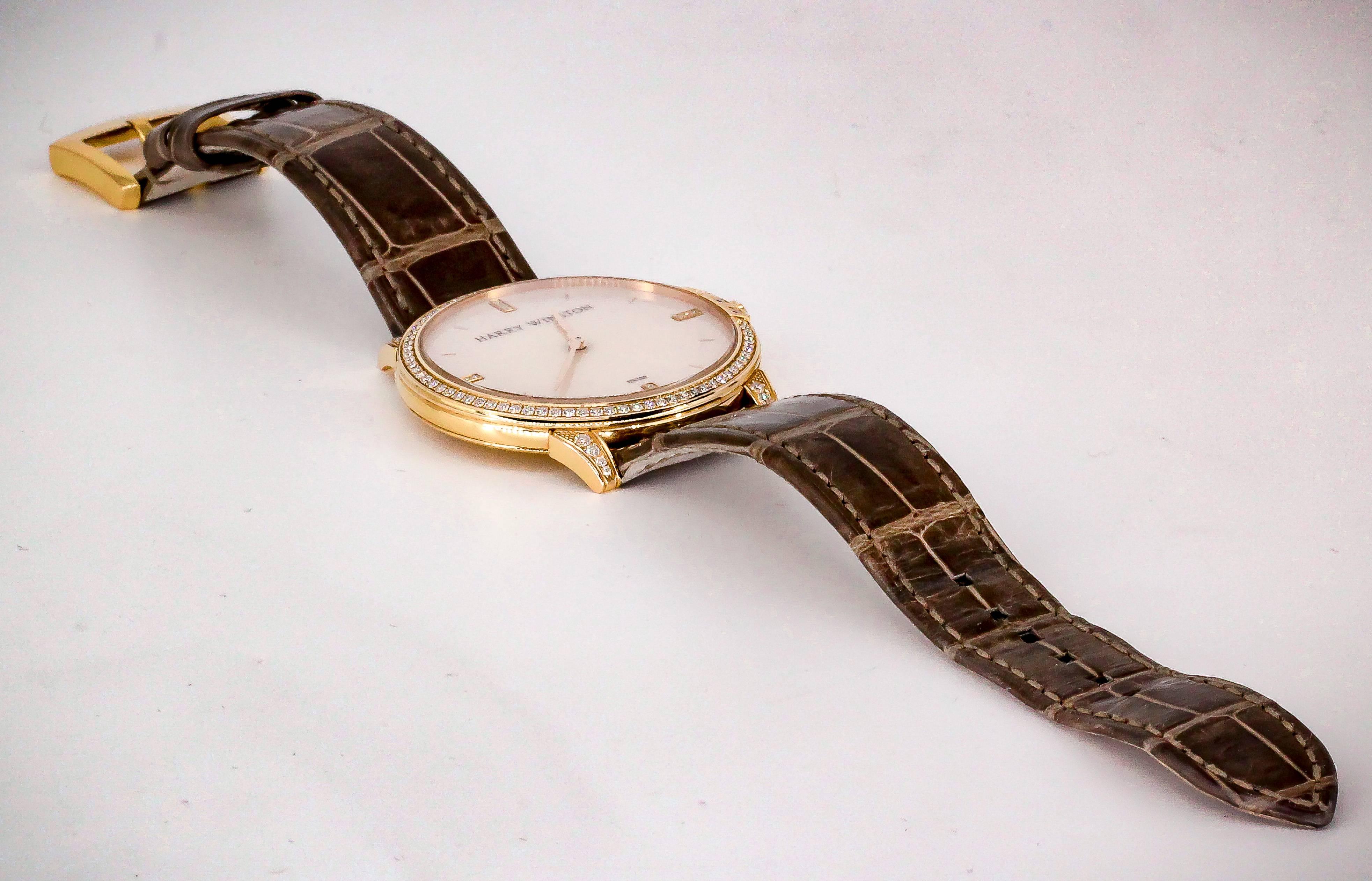 Women's or Men's Harry Winston Rose Gold Diamond Midnight Quartz Wristwatch