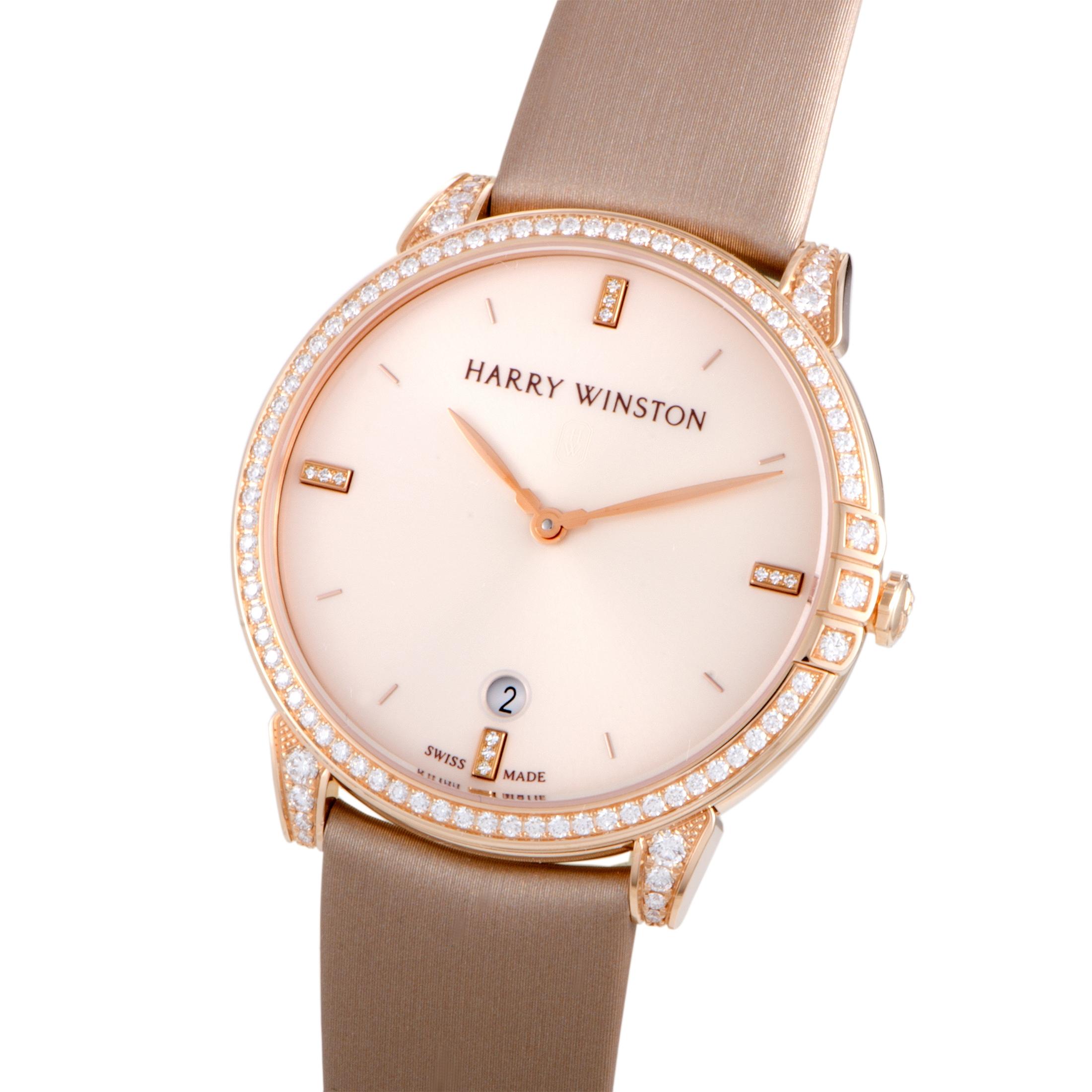 Brilliantly capturing the very essence of the brand’s timeless style, this enchanting timepiece from Harry Winston boasts an appearance of delightful femininity and gentle elegance while also providing a slight dash of charming diamond luster. The