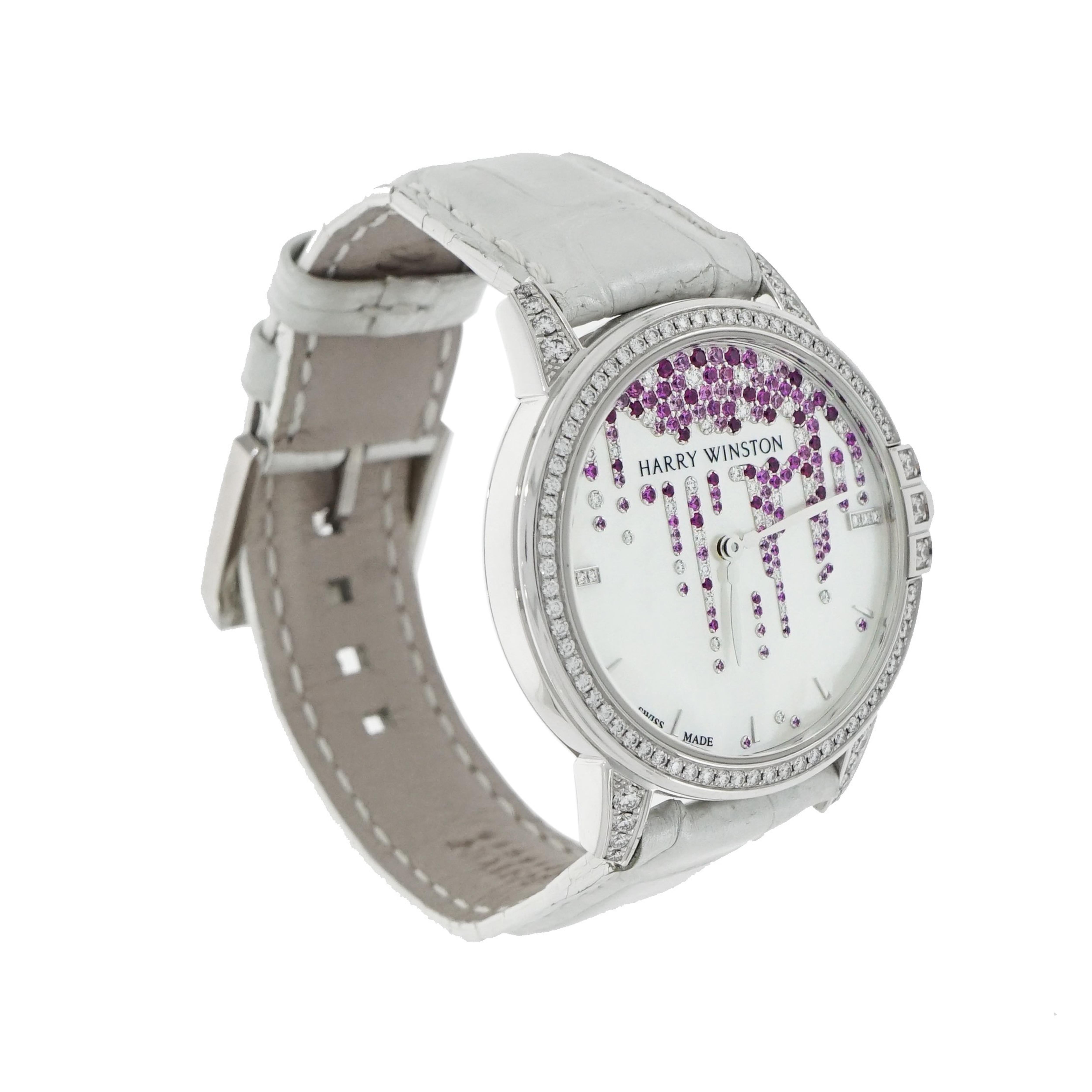 Effortlessly elegant and timelessly classical, this Midnight timepiece is exquisite!
Midnight Diamond Stalactites 36mm in 18k white gold. The beaded mother-of-pearl dial is decorated with stalactites of 96 pink sapphires (approximately 0.46 carat),
