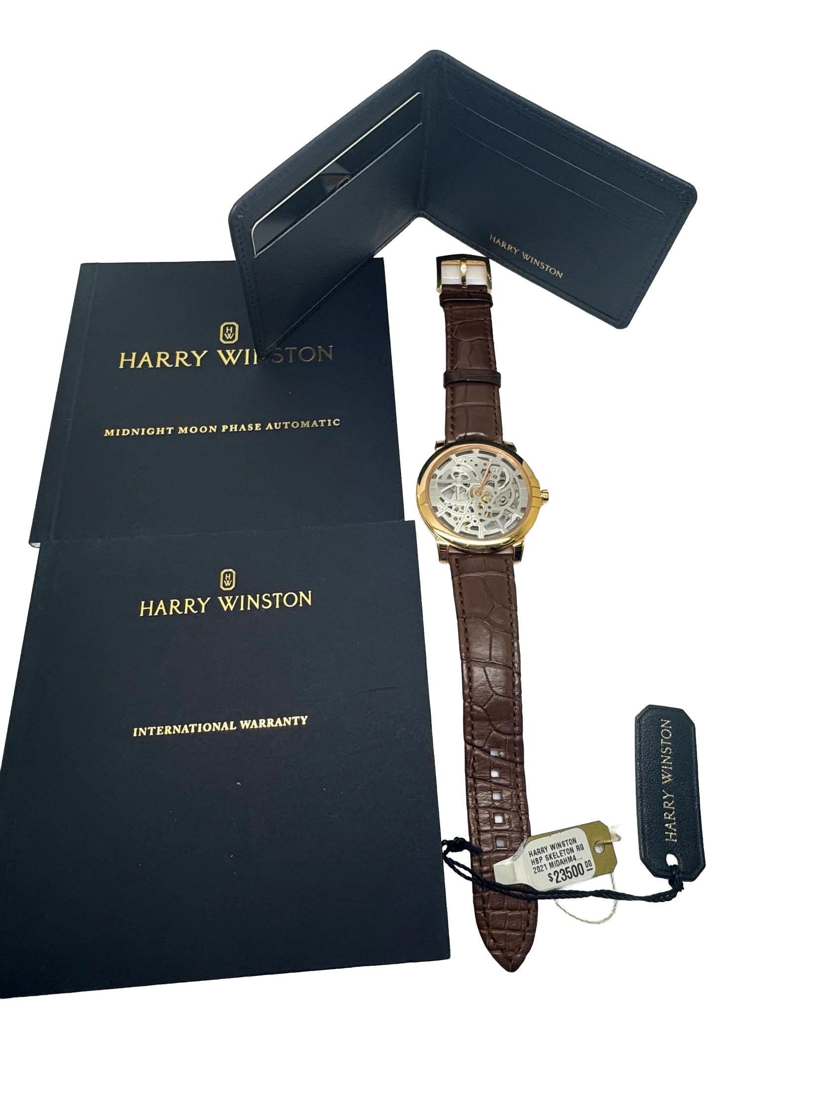 da uomo o donna Orologio Harry Winston Midnight Moon Phase Scheletro in oro rosa 42mm in vendita