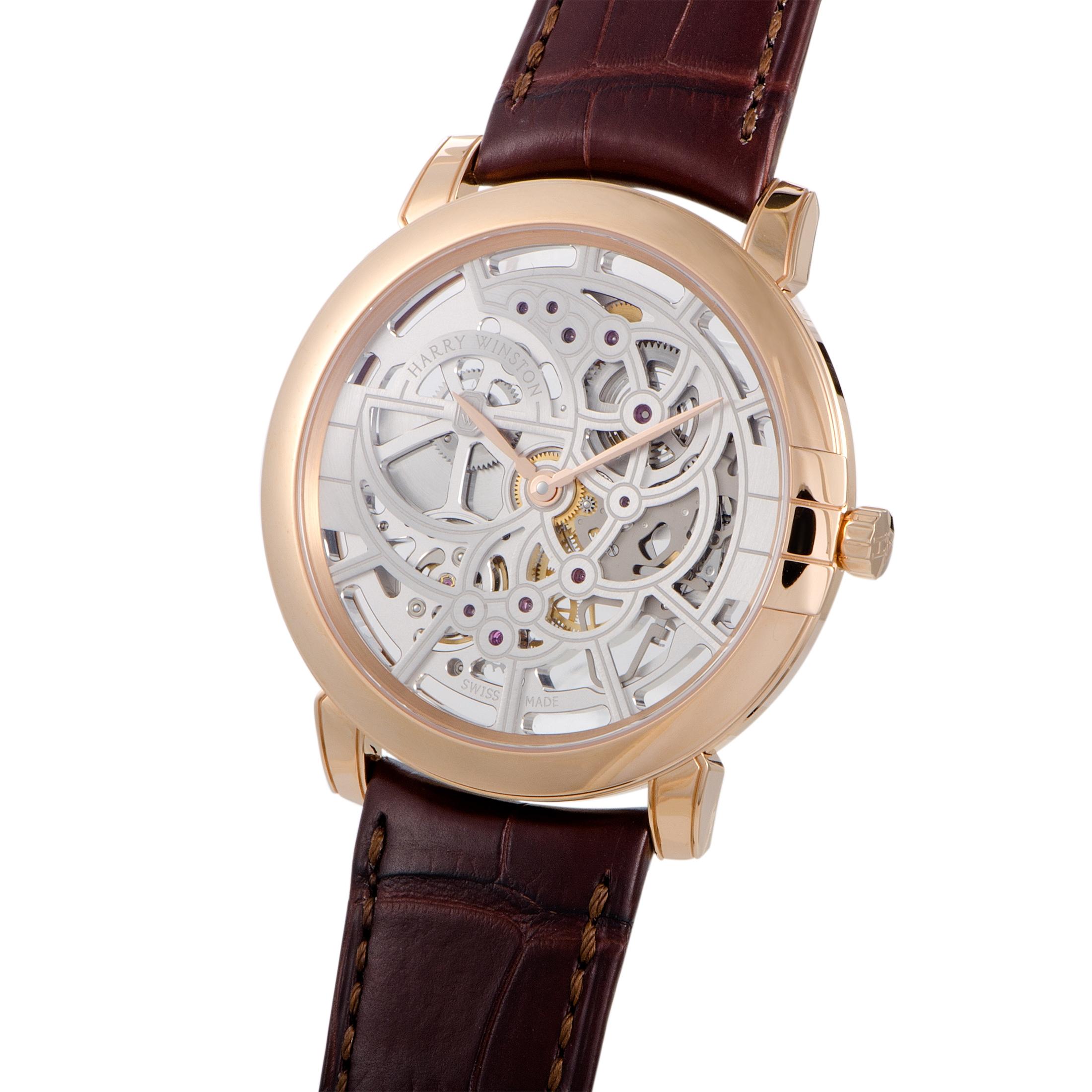 The Harry Winston Midnight Skeleton, reference number MIDAHM42RR001, is a member of the iconic “Midnight” collection.

The watch is presented with a 42 mm case that is made of 18K rose gold and boasts see-through sapphire crystal back, offering
