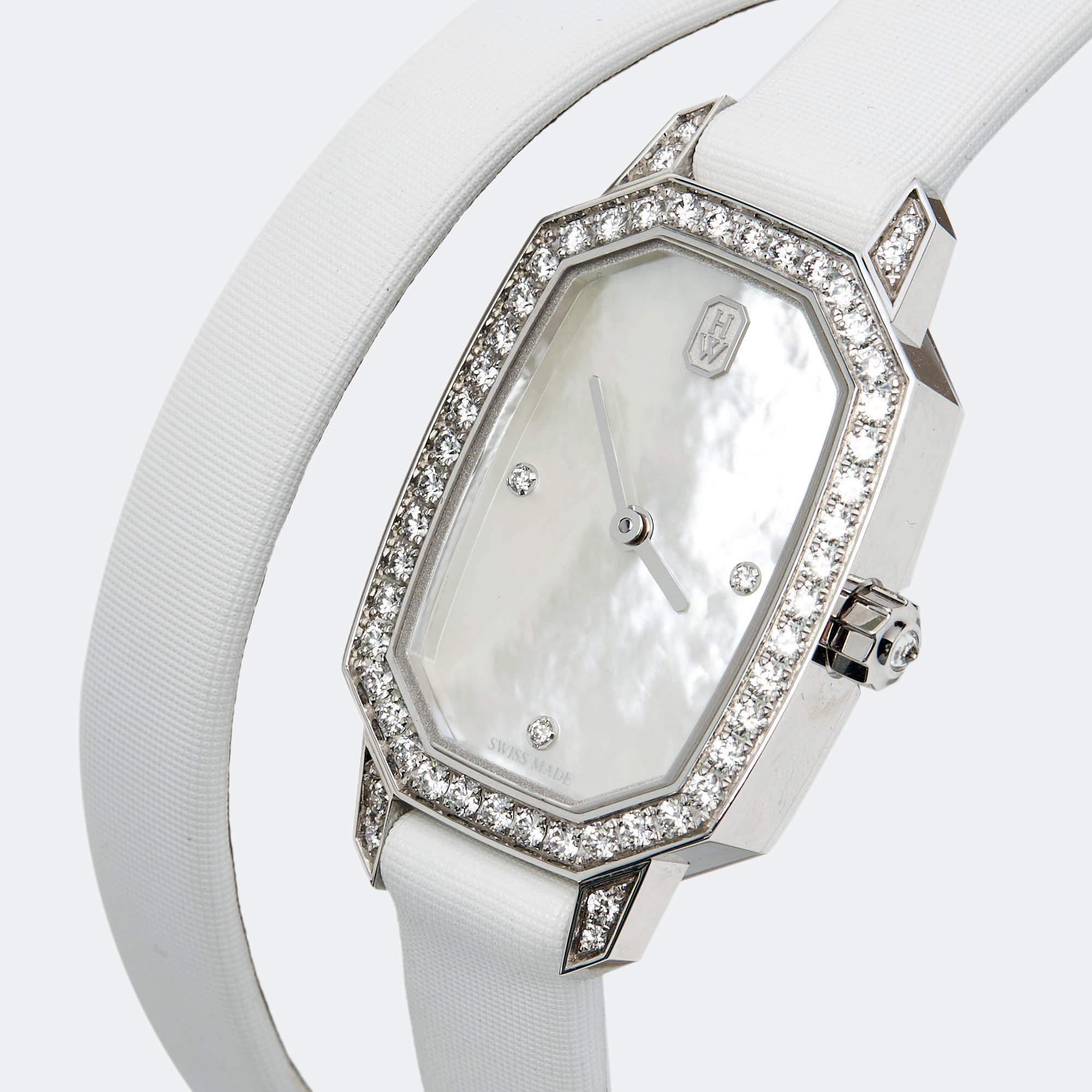 Uncut Harry Winston Mother Pearl 18k White Gold Diamond Satin Wristwatch 17.7 x 24 mm