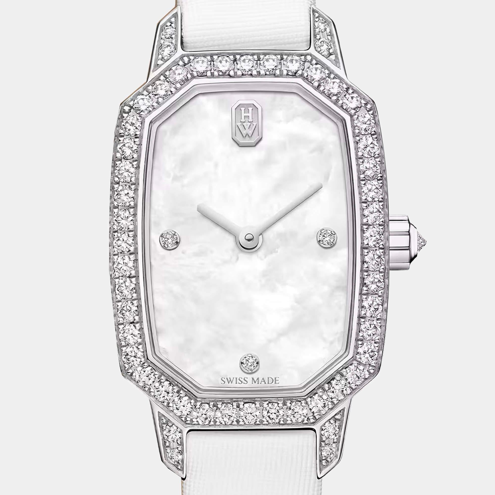 Harry Winston Mother Pearl 18k White Gold Diamond Satin Wristwatch 17.7 x 24 mm 2