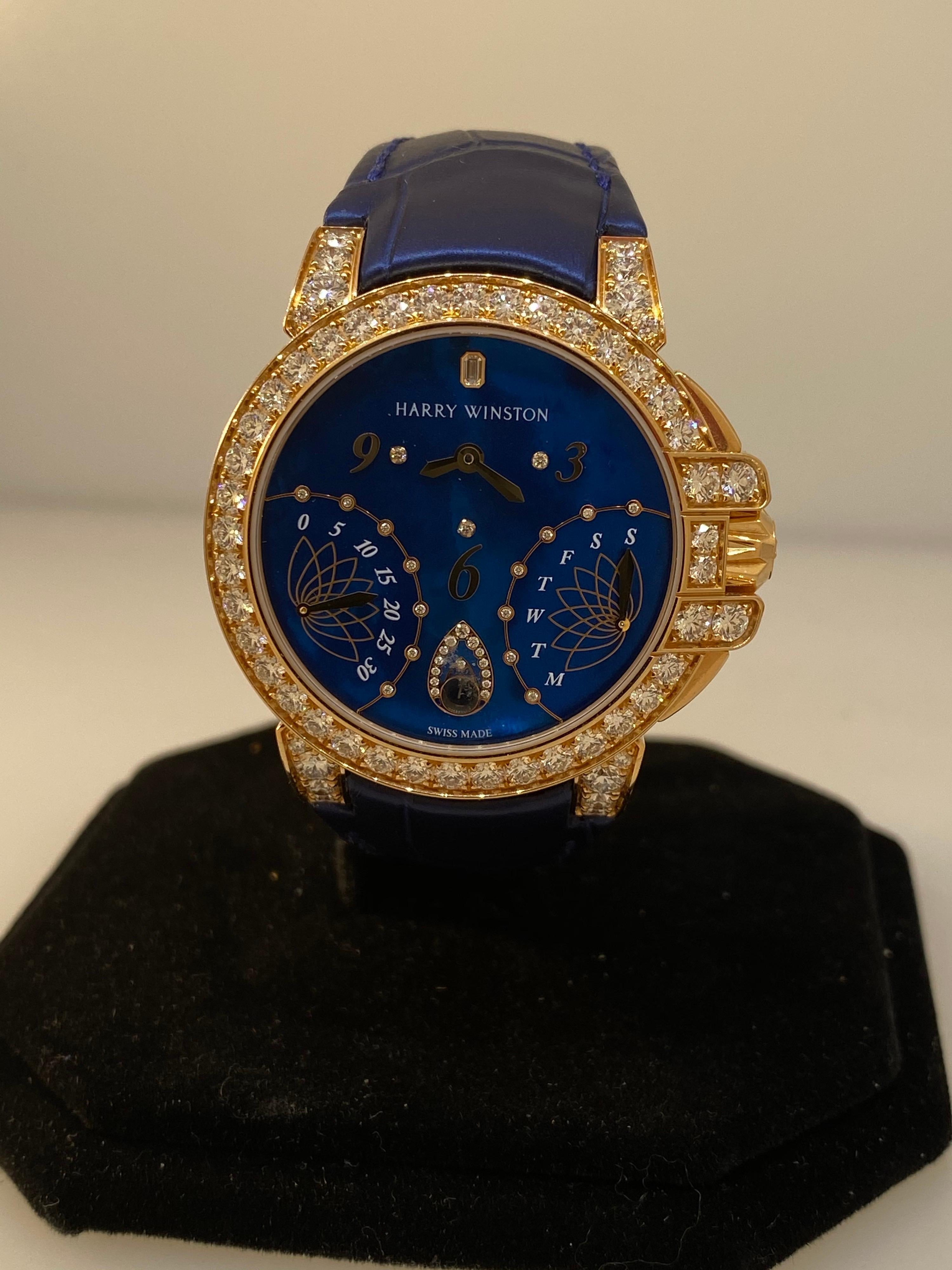 Harry Winston Ocean Biretrograde Automatic Rose Gold Diamond Ladies Watch In New Condition For Sale In New York, NY