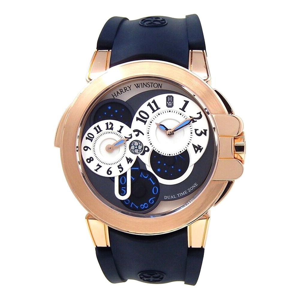 Harry Winston Ocean Dual Time 18k Rose Gold Automatic Men's Watch OCEATZ44RR001 For Sale