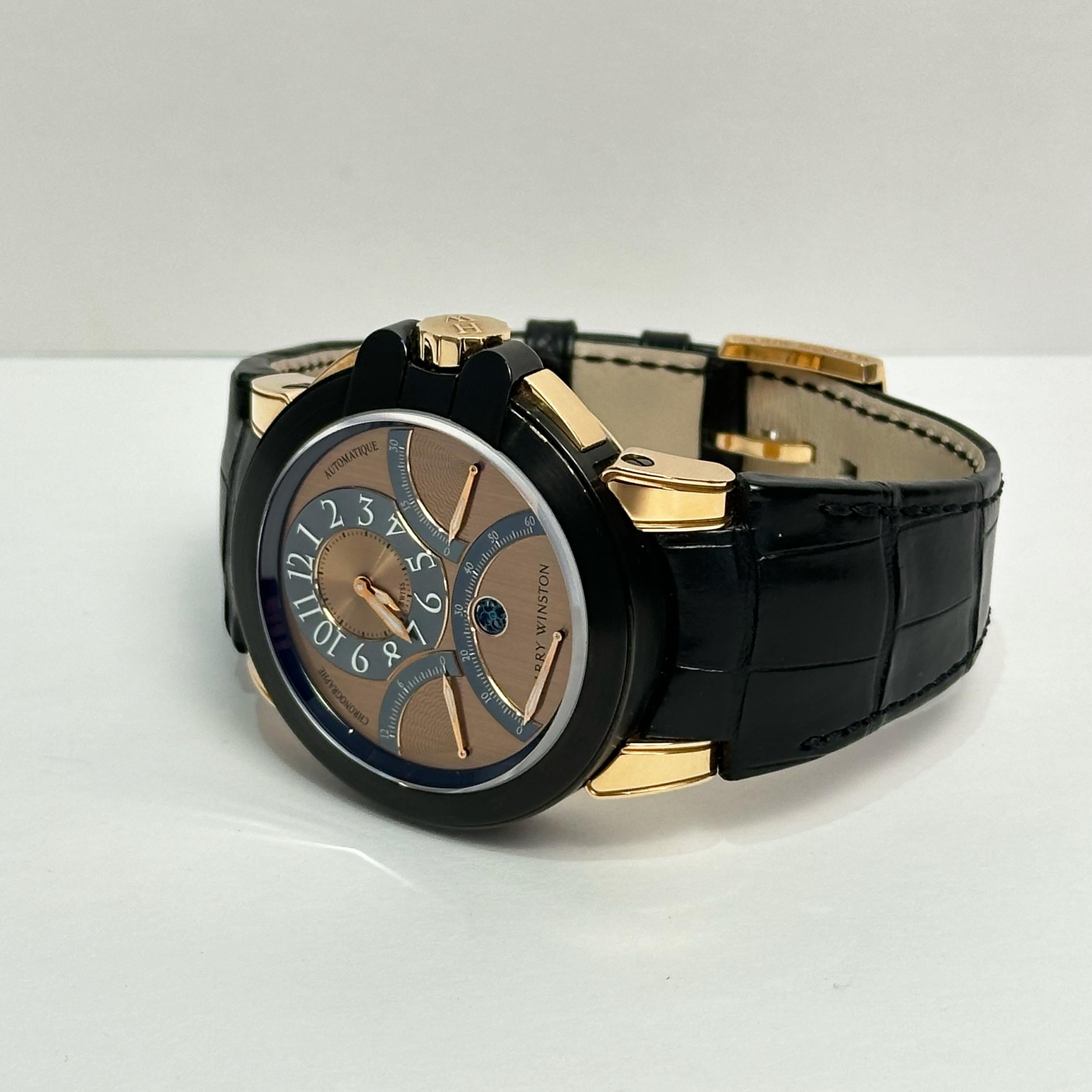 Harry Winston Ocean Triple Retrograde Chronograph 44mm Rose Gold In Good Condition For Sale In North Miami Beach, FL