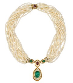 Harry Winston Pearl 26.35 Carats Colombian Emerald Ruby Diamond 18K Necklace