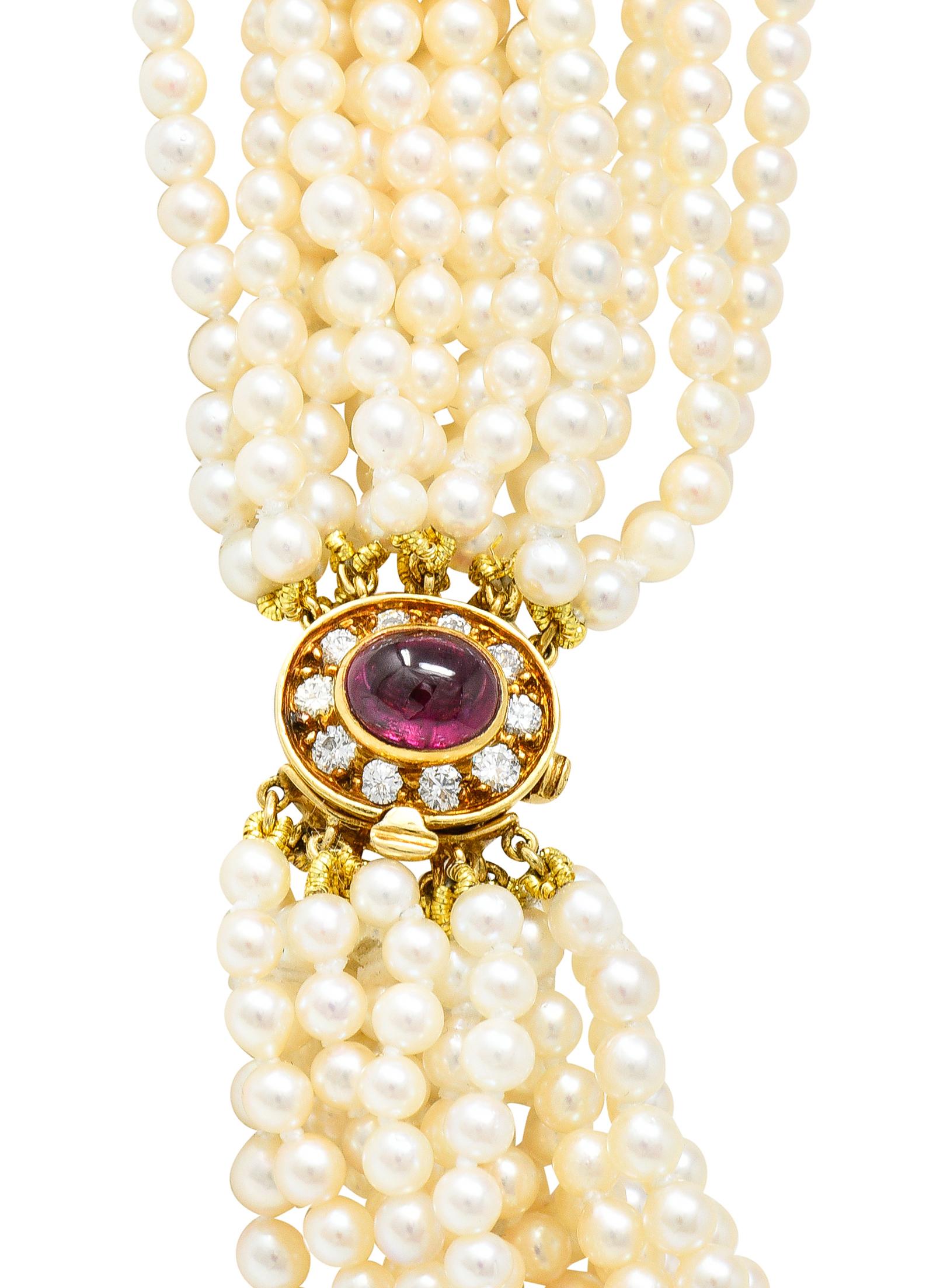 Harry Winston Pearl 26.35 Carats Colombian Emerald Ruby Diamond 18K Necklace In Excellent Condition In Philadelphia, PA