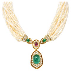 Retro Harry Winston Pearl 26.35 Carats Colombian Emerald Ruby Diamond 18K Necklace