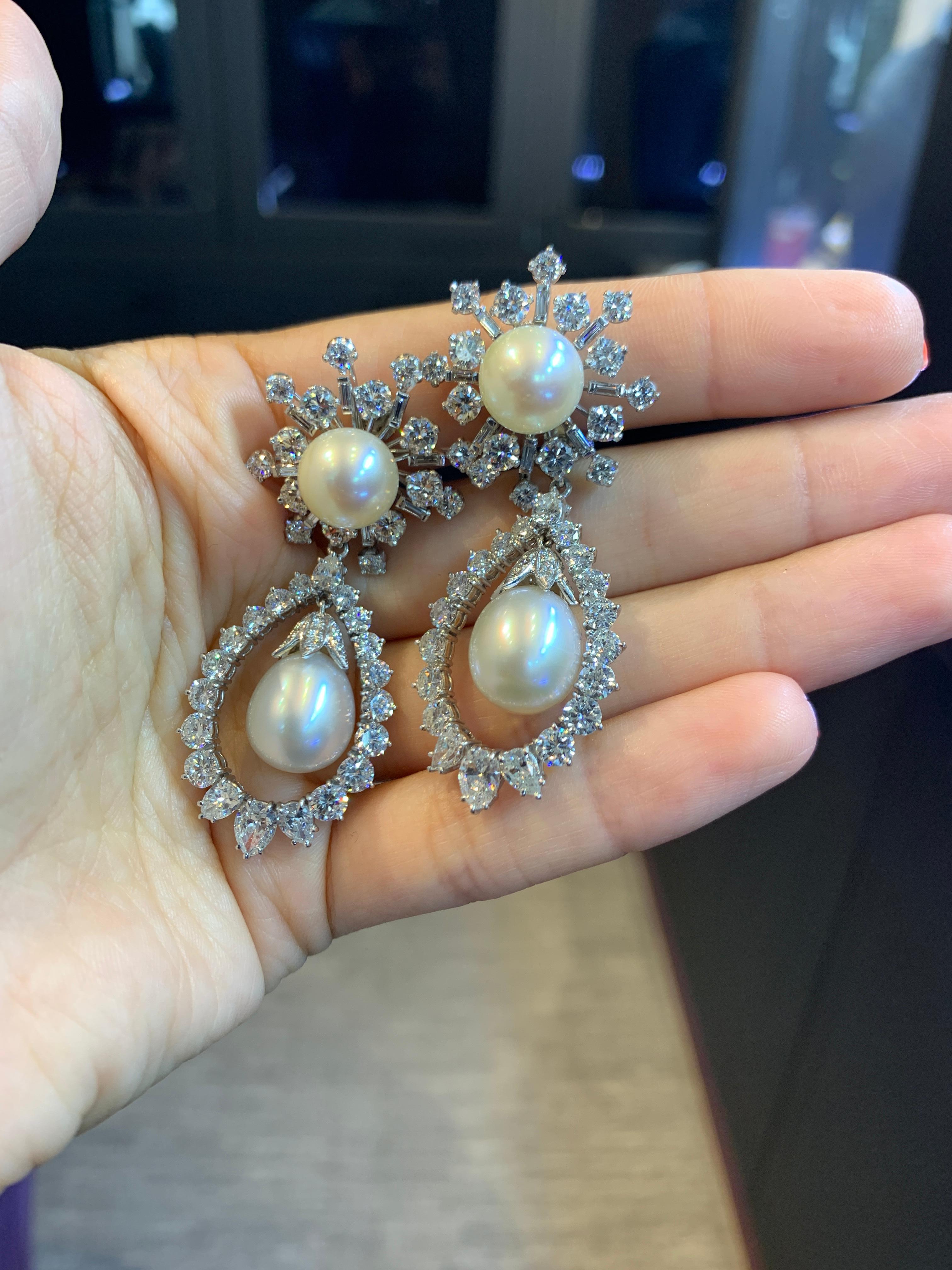 Harry Winston Pearl And Diamond Dangle Drop Earrings
2.10 total carats of diamonds set in platinum along with two Cultured Pearls 
Back Type: Clip On