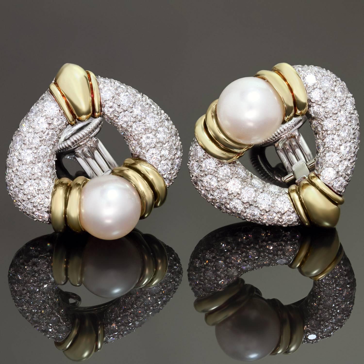 Harry Winston Pearl Diamond Platinum Gold Rotatable Clip-On Earrings For Sale 2