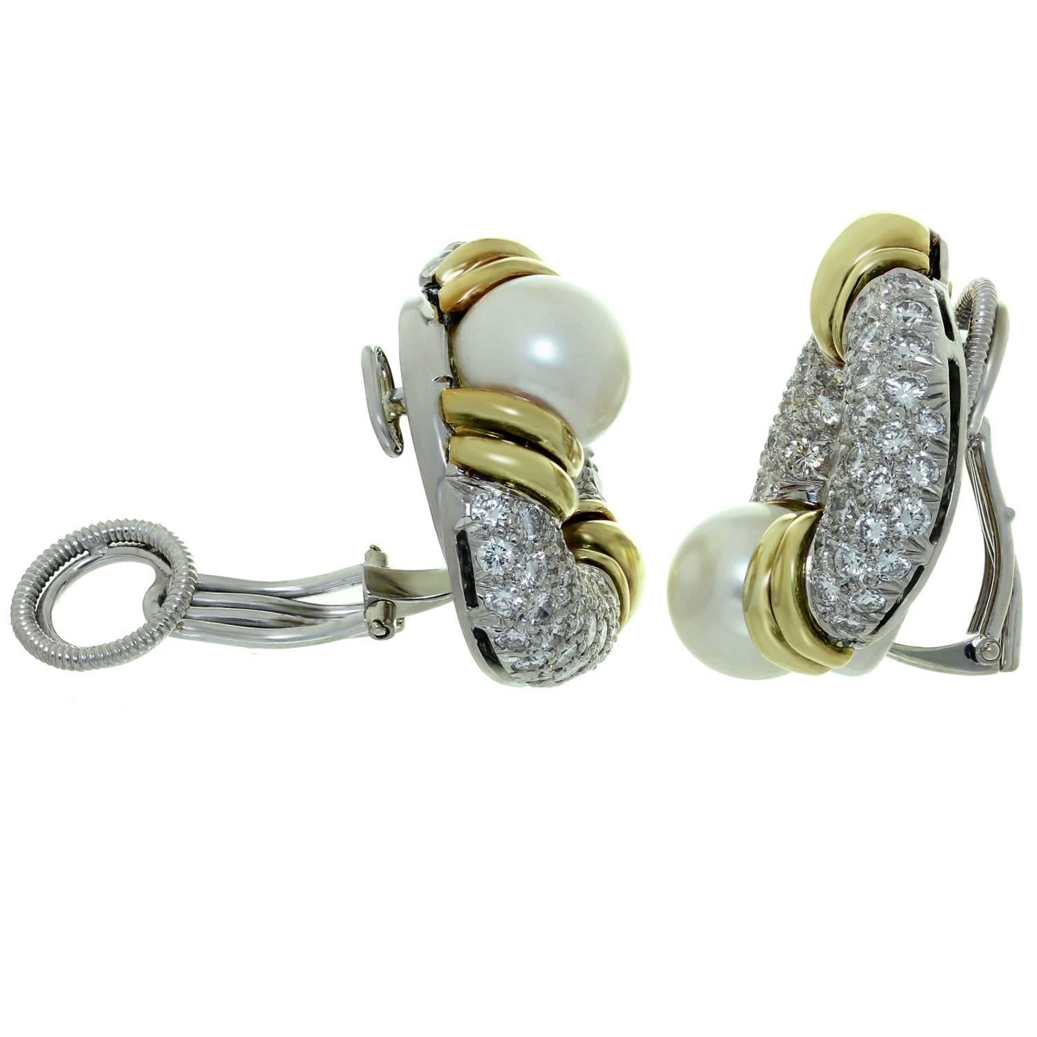 Brilliant Cut Harry Winston Pearl Diamond Platinum Gold Rotatable Clip-On Earrings For Sale