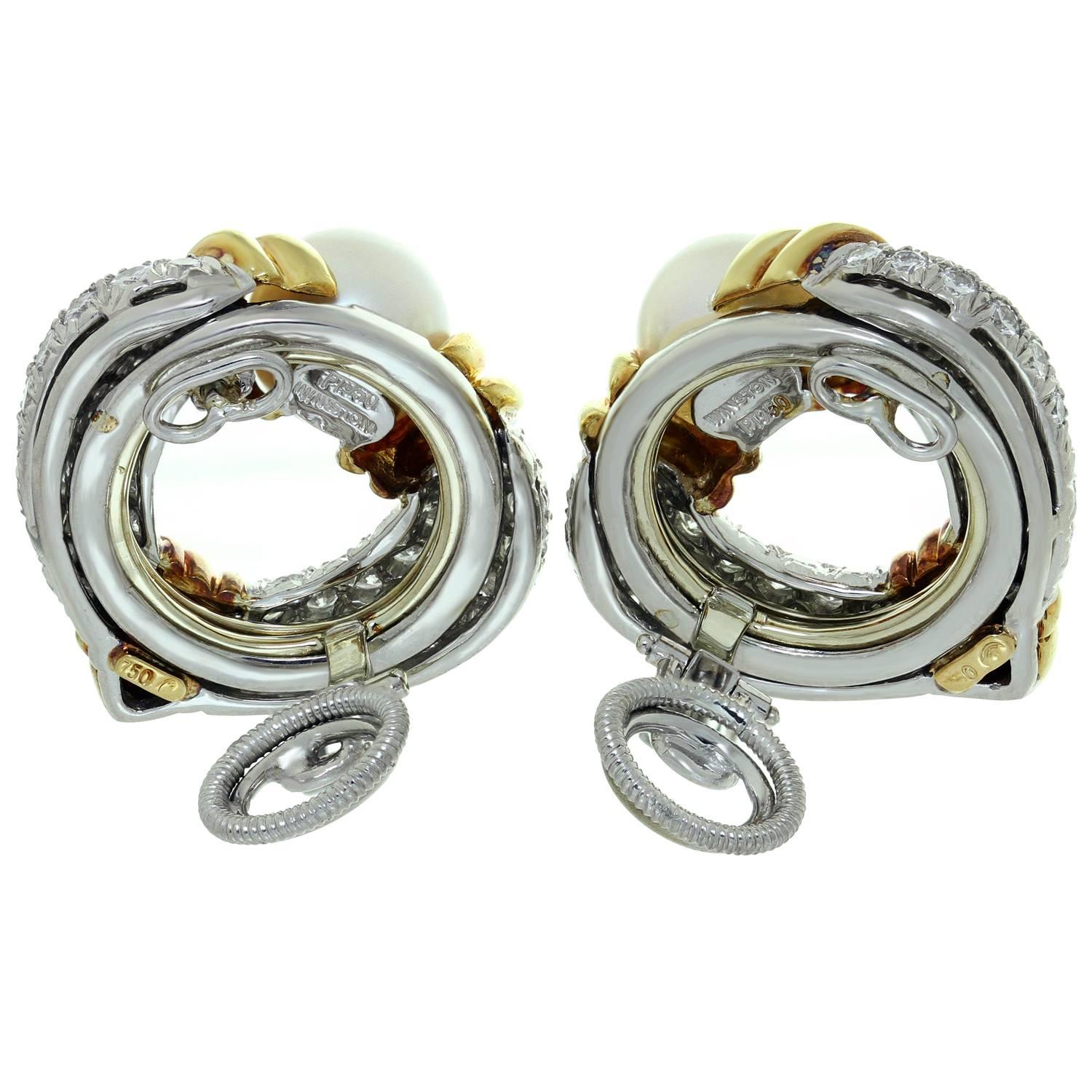 Harry Winston Pearl Diamond Platinum Gold Rotatable Clip-On Earrings In Excellent Condition For Sale In New York, NY