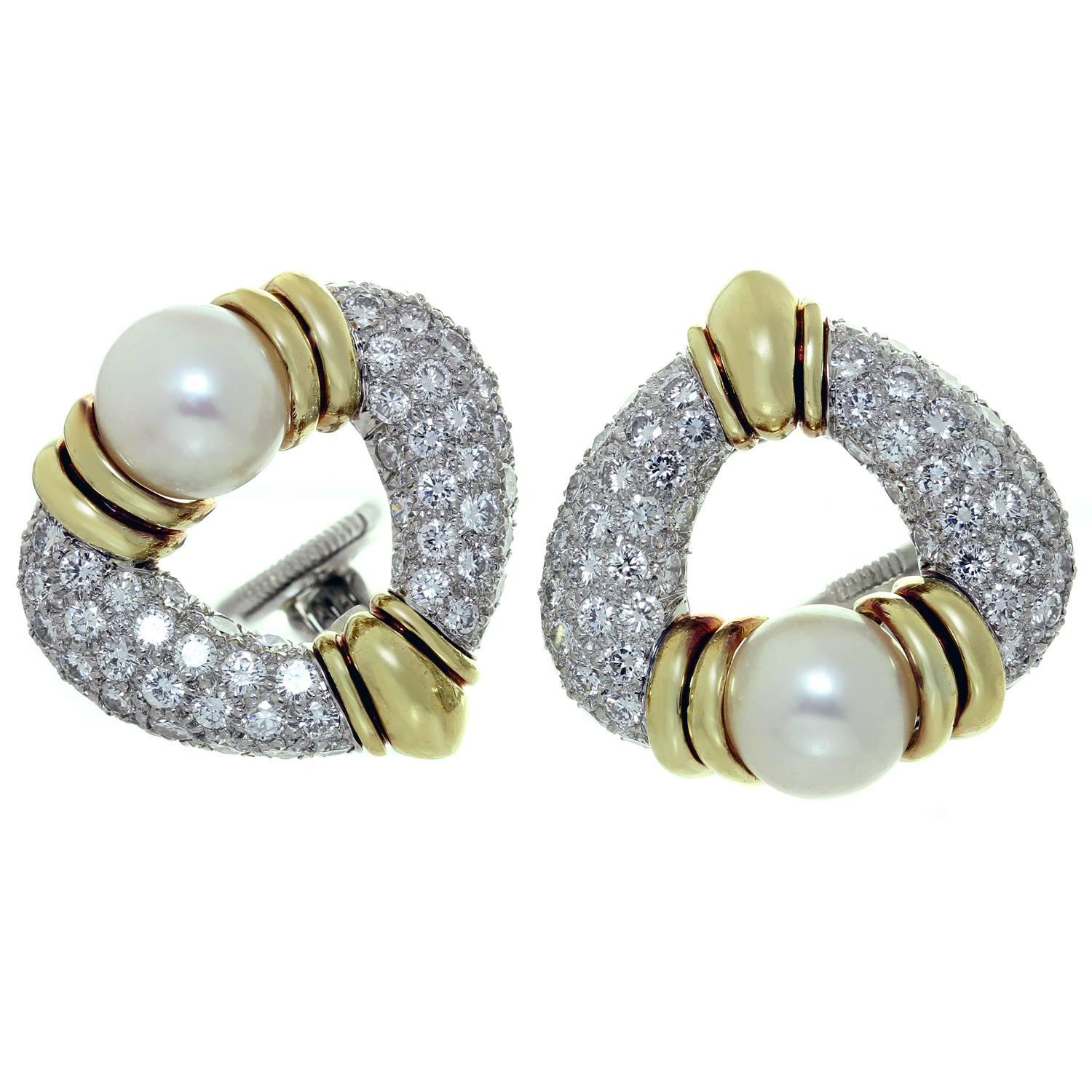 Harry Winston Pearl Diamond Platinum Gold Rotatable Clip-On Earrings For Sale 1