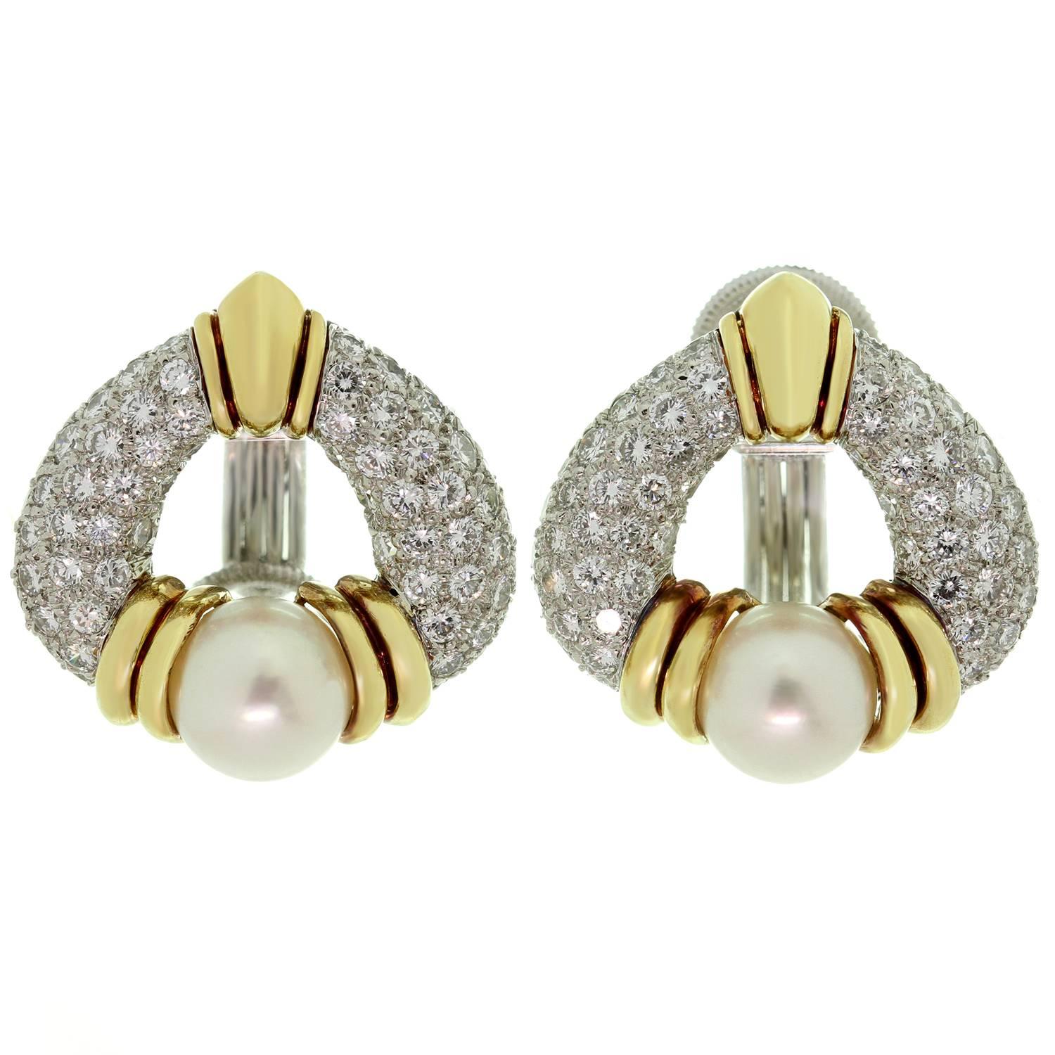 Harry Winston Pearl Diamond Platinum Gold Rotatable Clip-On Earrings For Sale
