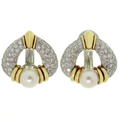 Harry Winston Pearl Diamond Platinum Gold Rotatable Clip-On Earrings