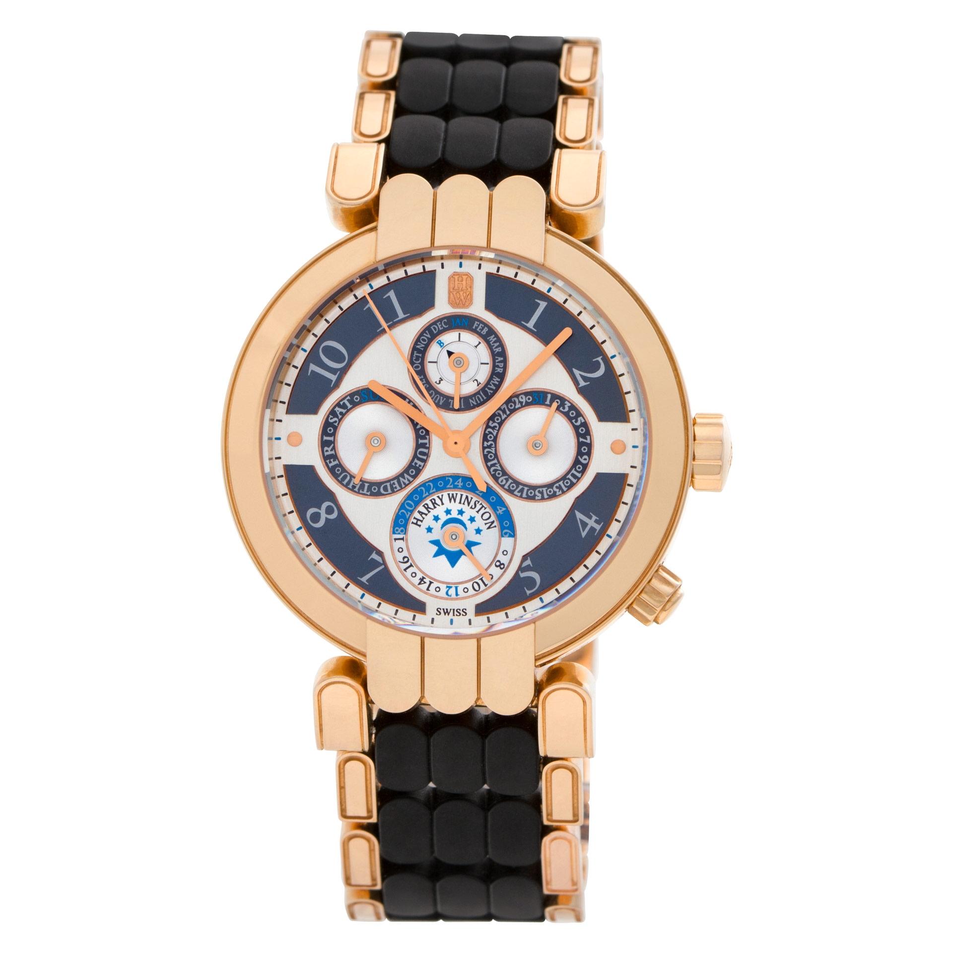 GESCHÄTZTER VERKAUFSPREIS: $41.800,00    IHR PREIS: $25.900

Exquisite Harry Winston Ewiger Kalender in 18 Karat Roségold an einem Armband aus 18 Karat Roségold und Kautschuk. Automatik mit Sekundenzeiger, Datum, Tag, Monat und ewigem Kalender. 38