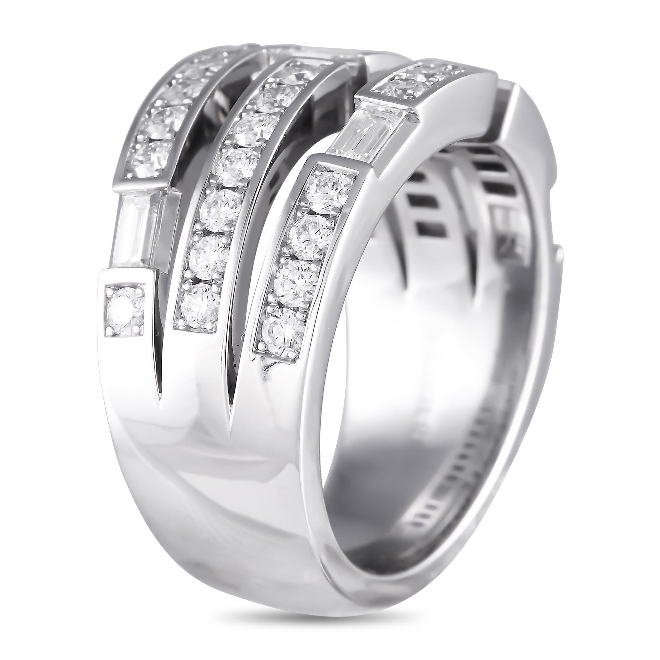 A creative platinum setting makes this Harry Winston ring anything but ordinary. The unique design is elevated by round-cut diamonds and diamond baguettes with a total weight of 1.0 carats. This piece measures 7mm wide and features a 3mm top