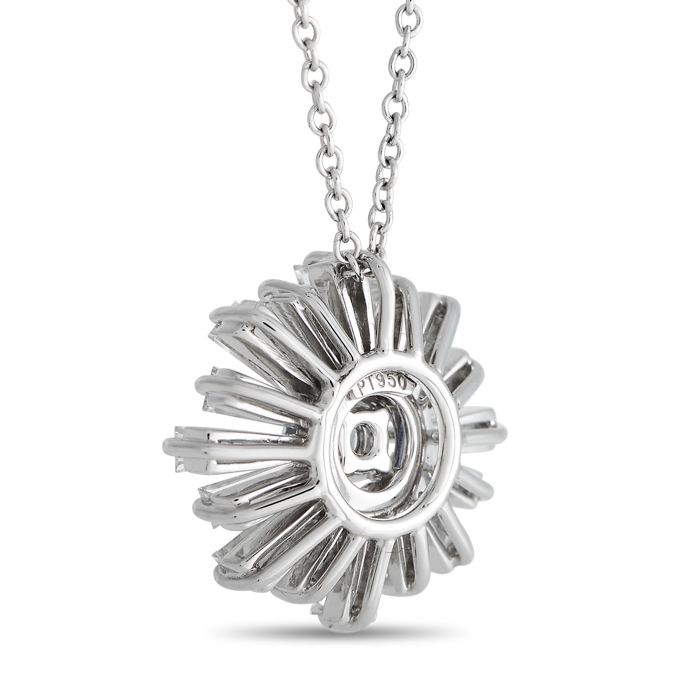A blue-and-white flower necklace finely crafted in 950 platinum by the King of Diamonds, Harry Winston. This high-jewelry necklace features a stunning pendant of a daisy-like silhouette, masterfully created with 18 baguette diamond petals and a
