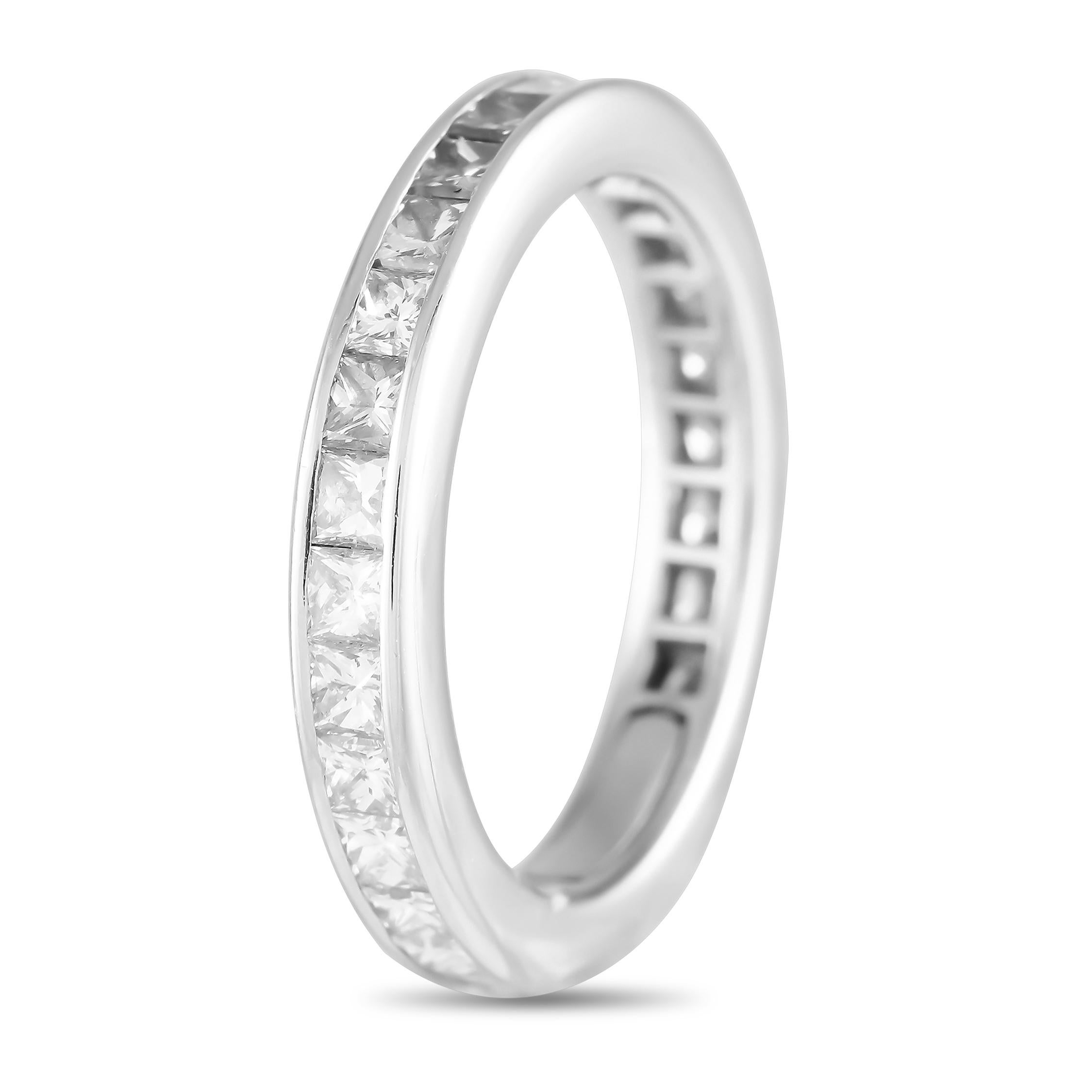 The perfect mark for eternal love. Celebrate a milestone in your love journey with this Harry Winston eternity ring. The band is crafted in noble platinum, with the entire circumference fully traced by quality diamonds totaling 1.45 carats. The