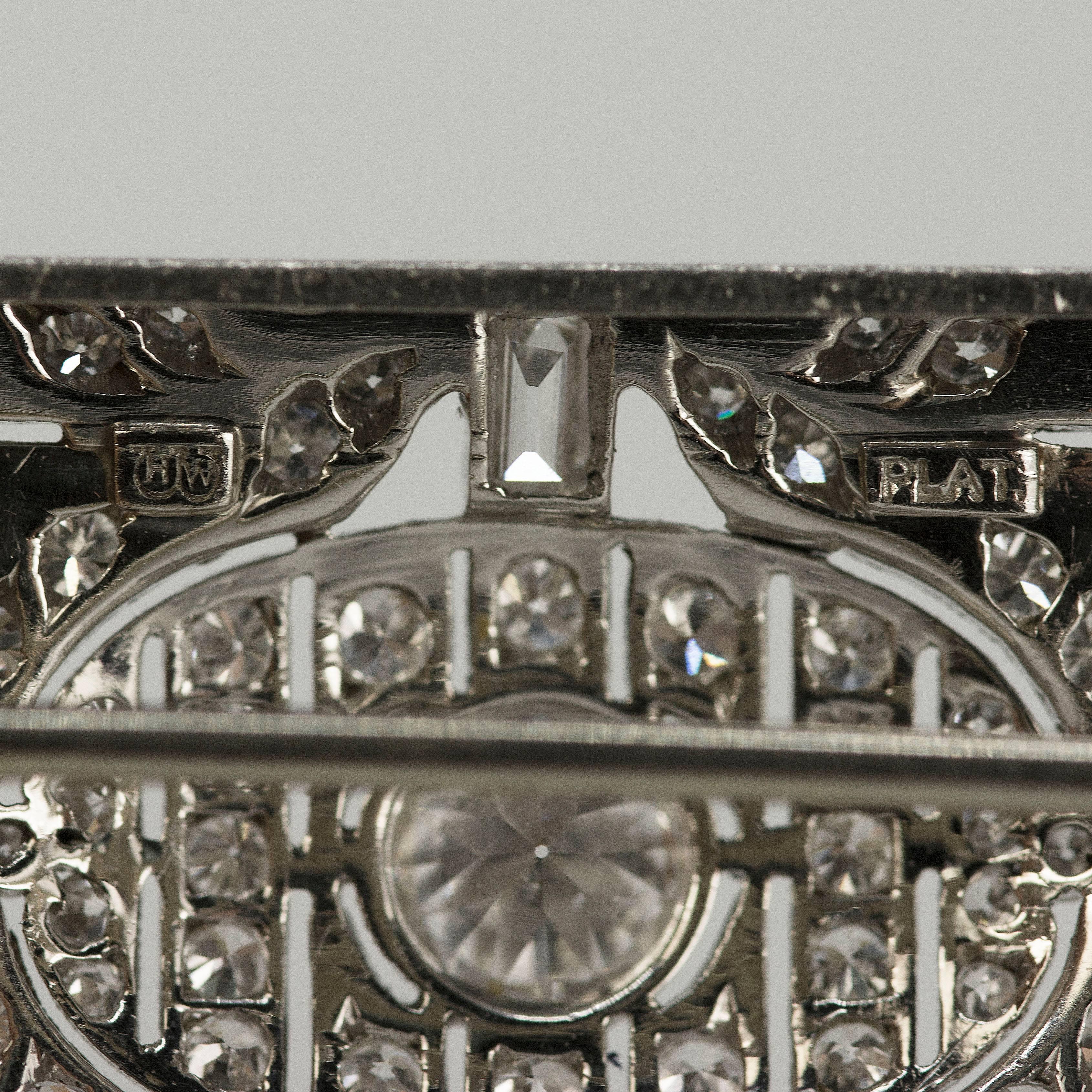 Platinum Art Deco Brooch by Hayden W. Wheeler & Co. Approximately 5.00 carats of collection color/clarity Old European cut diamonds. Stamped HW and PLAT and weighs 10.05 grams.