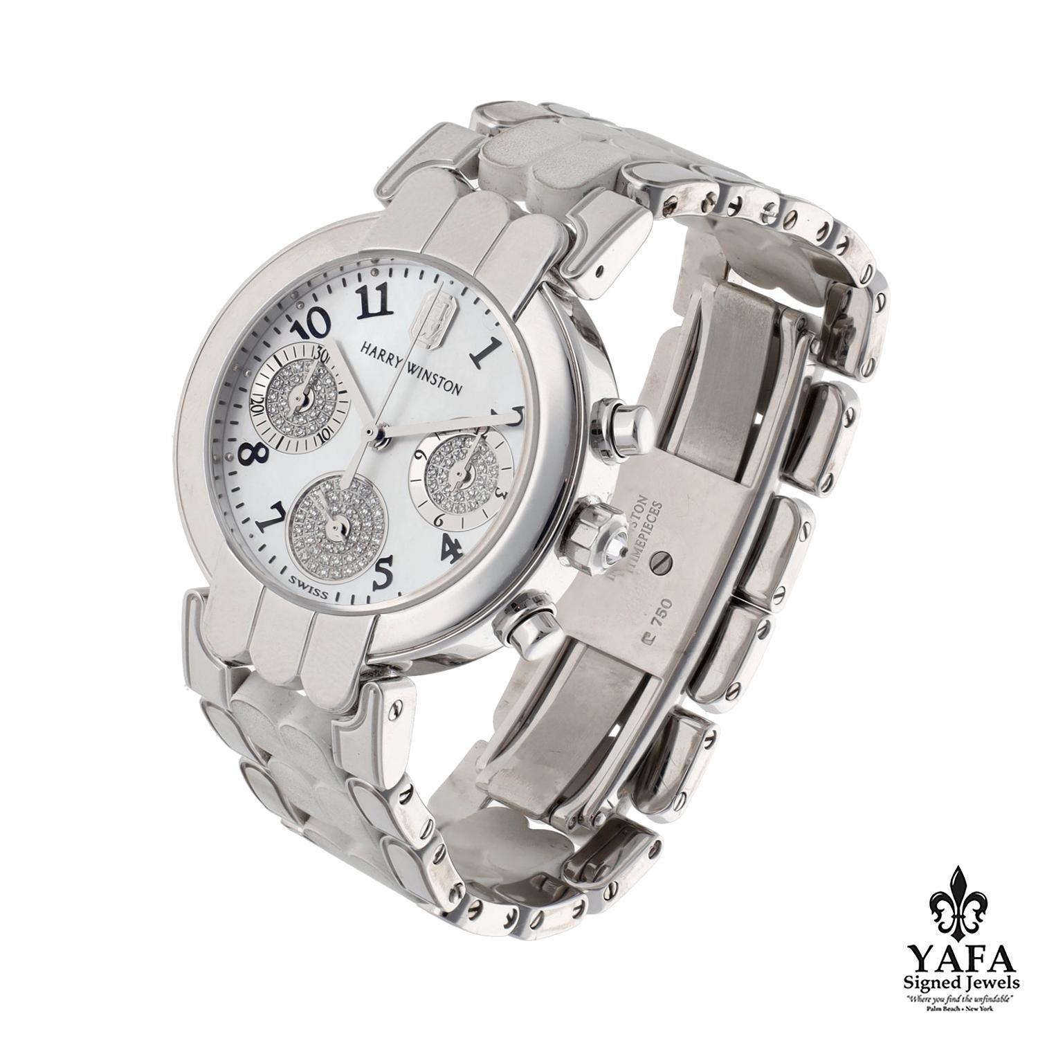 Basic Information﻿
- Brand: Harry Winston
- Model: Premier
- Reference number: 200UCQ32W
- Movement: Quartz
Complications  - Chronograph
- Case Size: 32mm
- Dial: Mother of Pearl, Diamond Sub-Dials
- Case Material: 18K White Gold
- Bracelet
