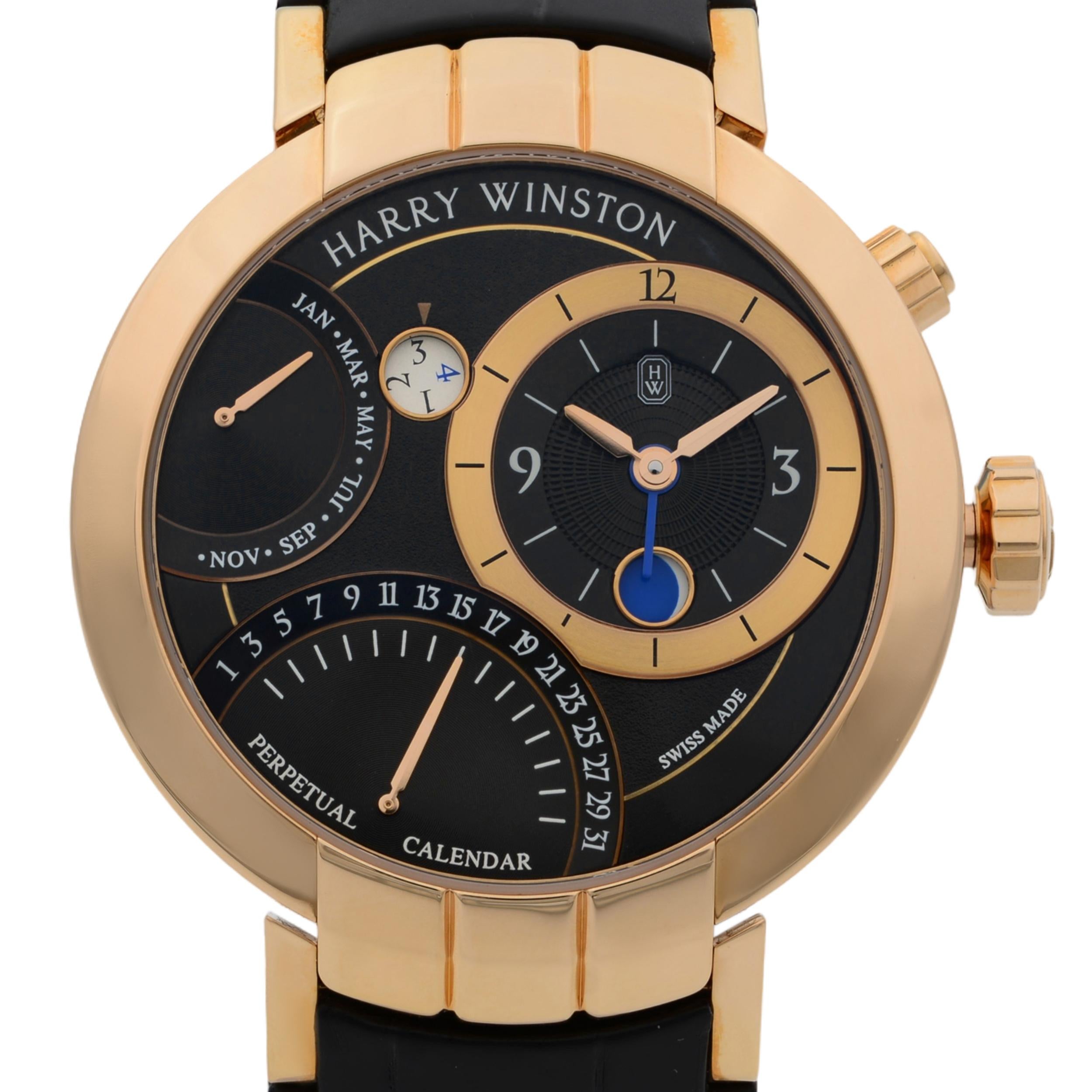 This  never been worn  Harry Winston Premier PRNAPC41RR001 is a beautiful men's timepiece that is powered by mechanical (automatic) movement which is cased in a rose gold case. It has a round shape face, gmt, day & date, moon phase, small seconds