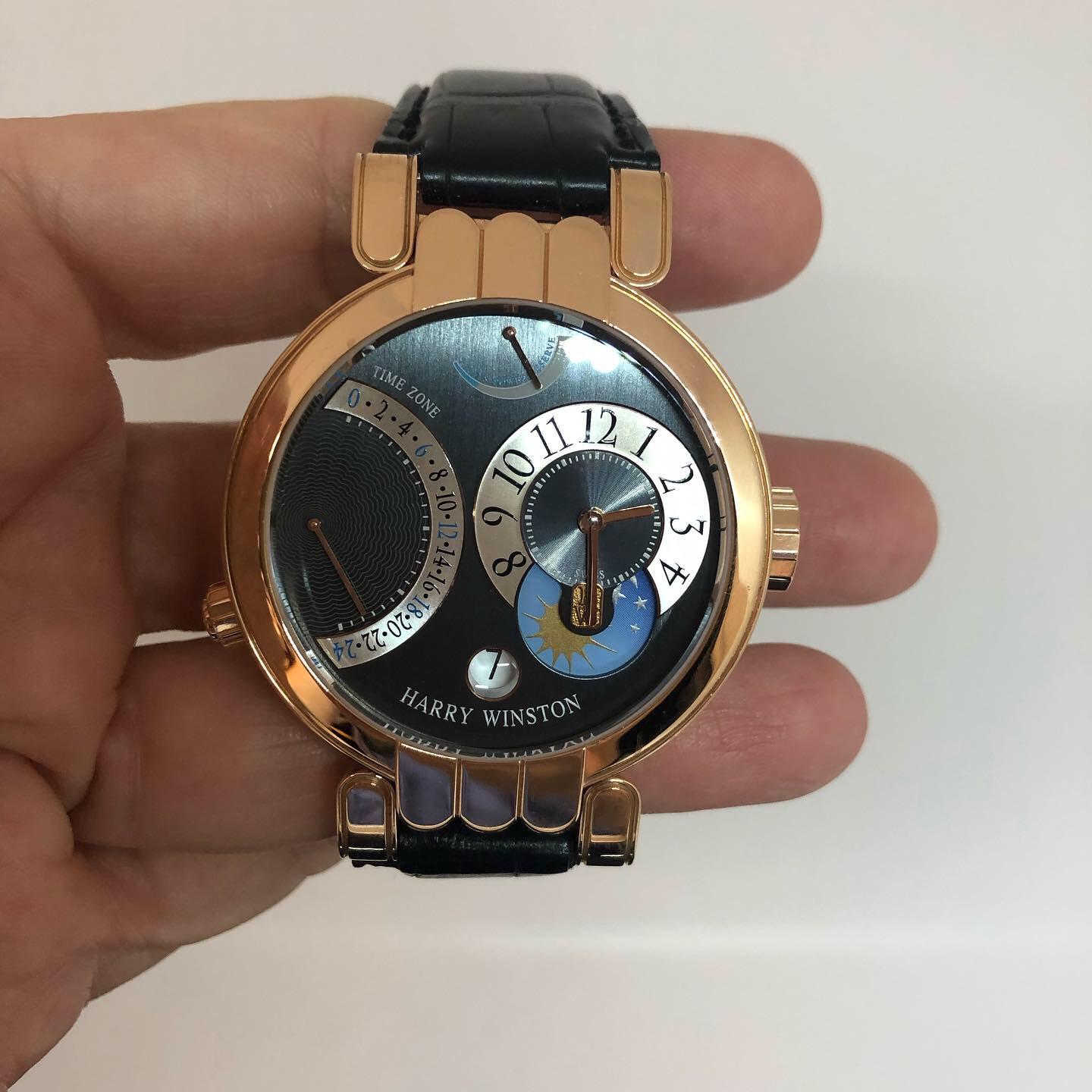Harry Winston Premier Excenter Timezone 015619 Rose Gold Moonphase Watch In Good Condition In Agoura Hills, CA