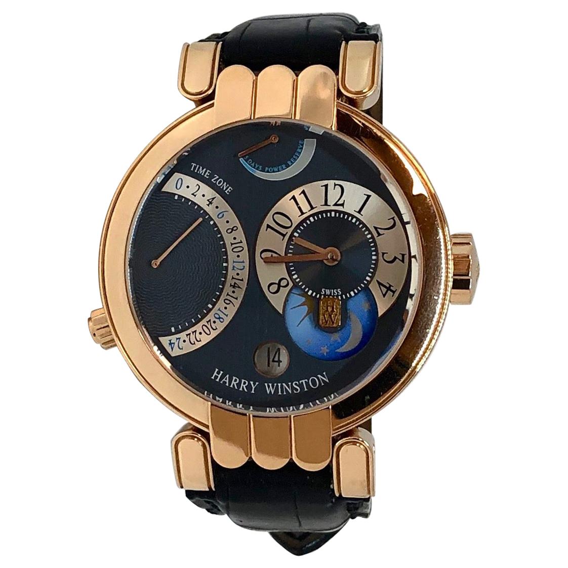 Harry Winston Premier Excenter Timezone 015619 Rose Gold Moonphase Watch