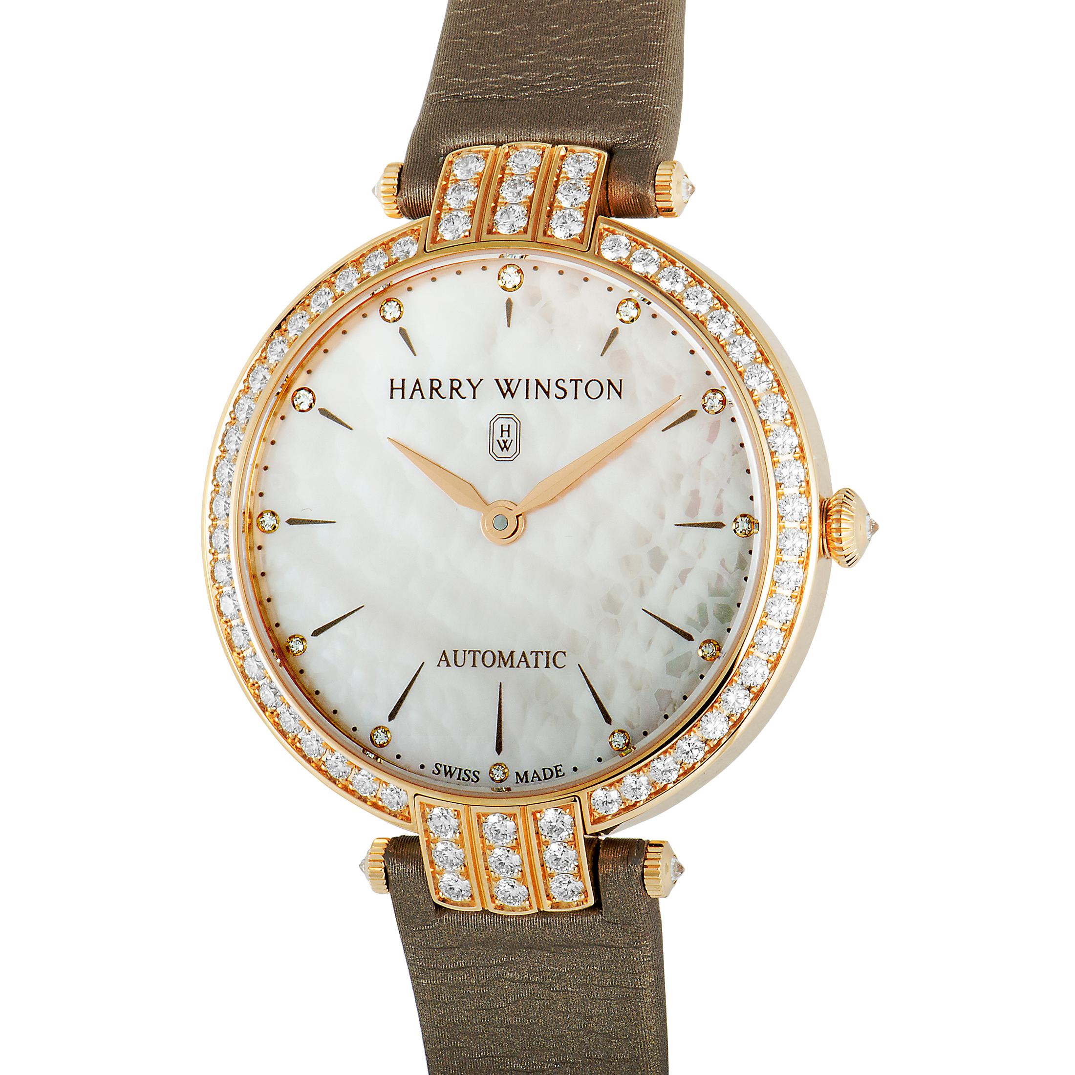 The Harry Winston Premier Ladies 36 mm Automatic, reference number PRNAHM36RR001, is a member of the exquisite “The Premier” collection.

The watch is presented with a diamond-set 18K rose gold case that boasts see-through back. The case measures 36
