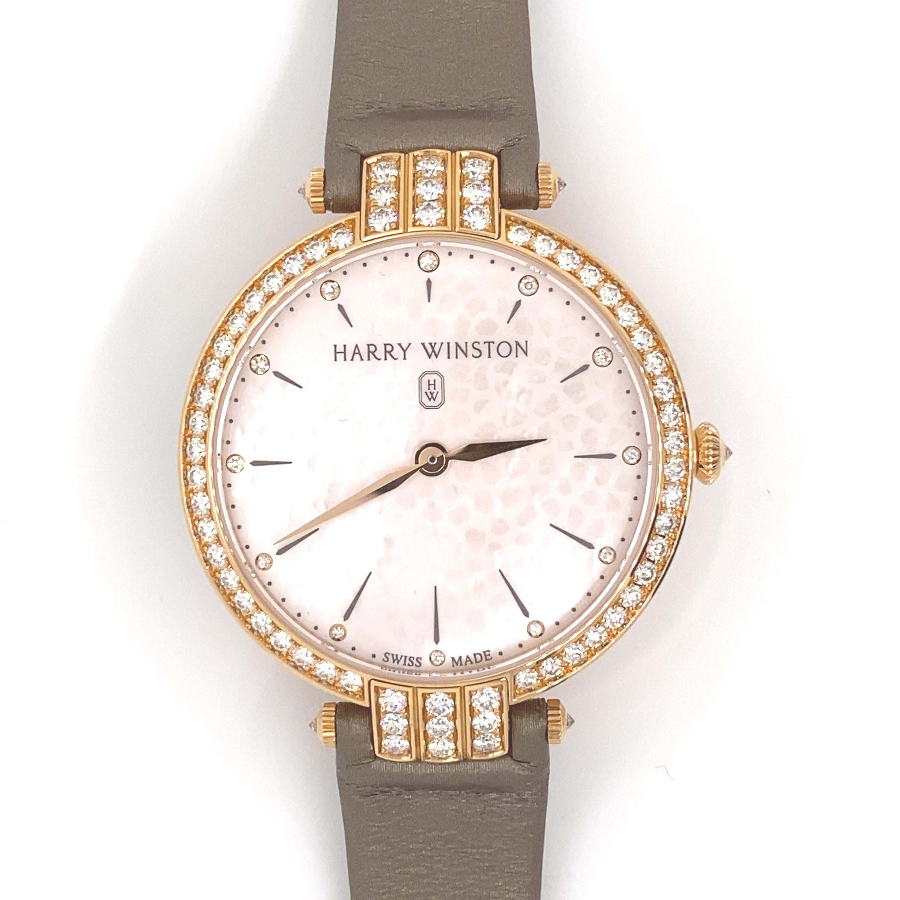 Round Cut Harry Winston Premier Ladies Diamonds & 18k Rose Gold & Satin Strap For Sale