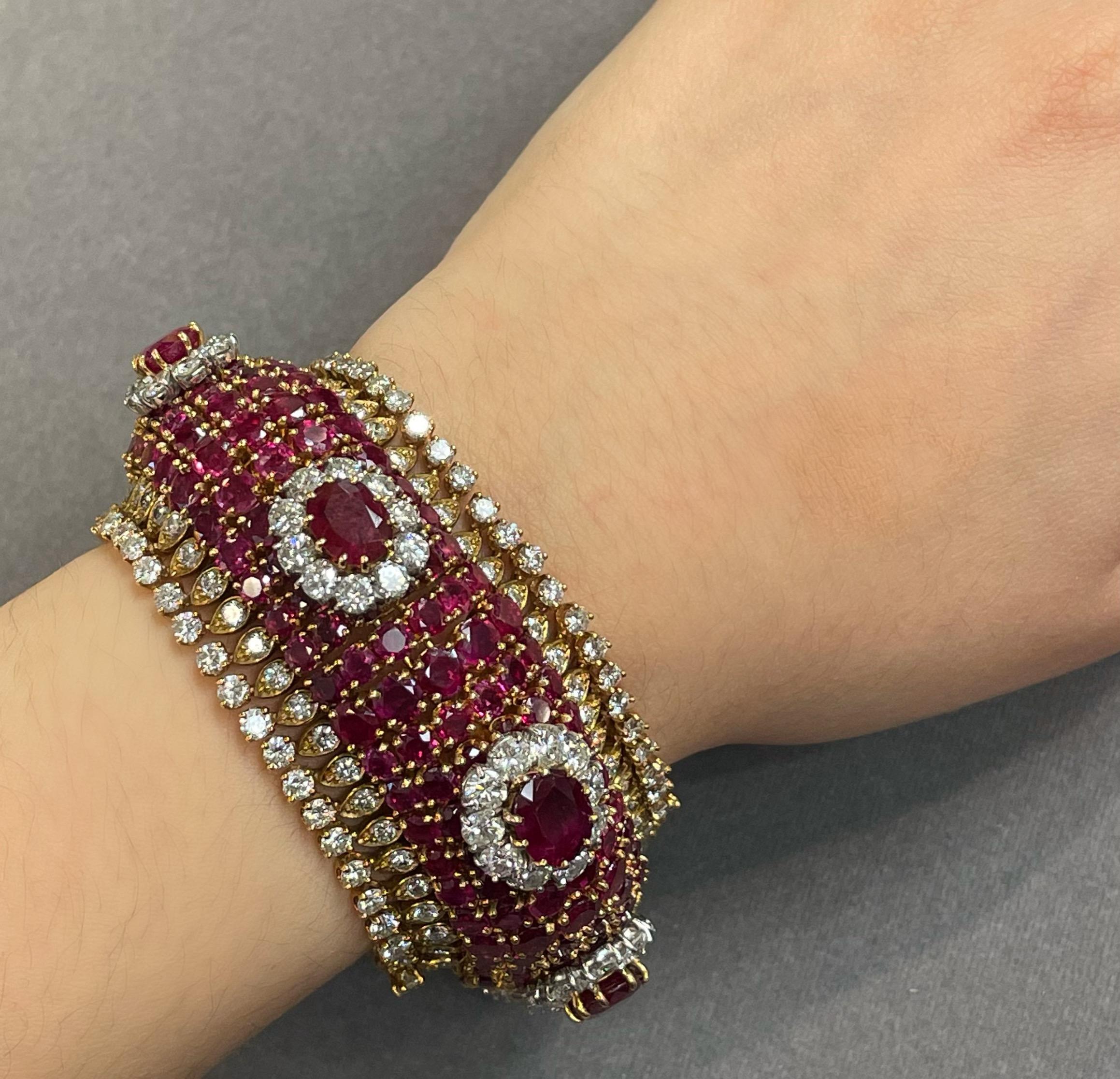 Harry Winston Ruby and Diamond Bracelet 

This beautiful bracelet from the collection of Baroness von Langendorff features four rows of round rubies, with a row of round-cut diamonds on each side. In the center, are eight larger oval-cut rubies,