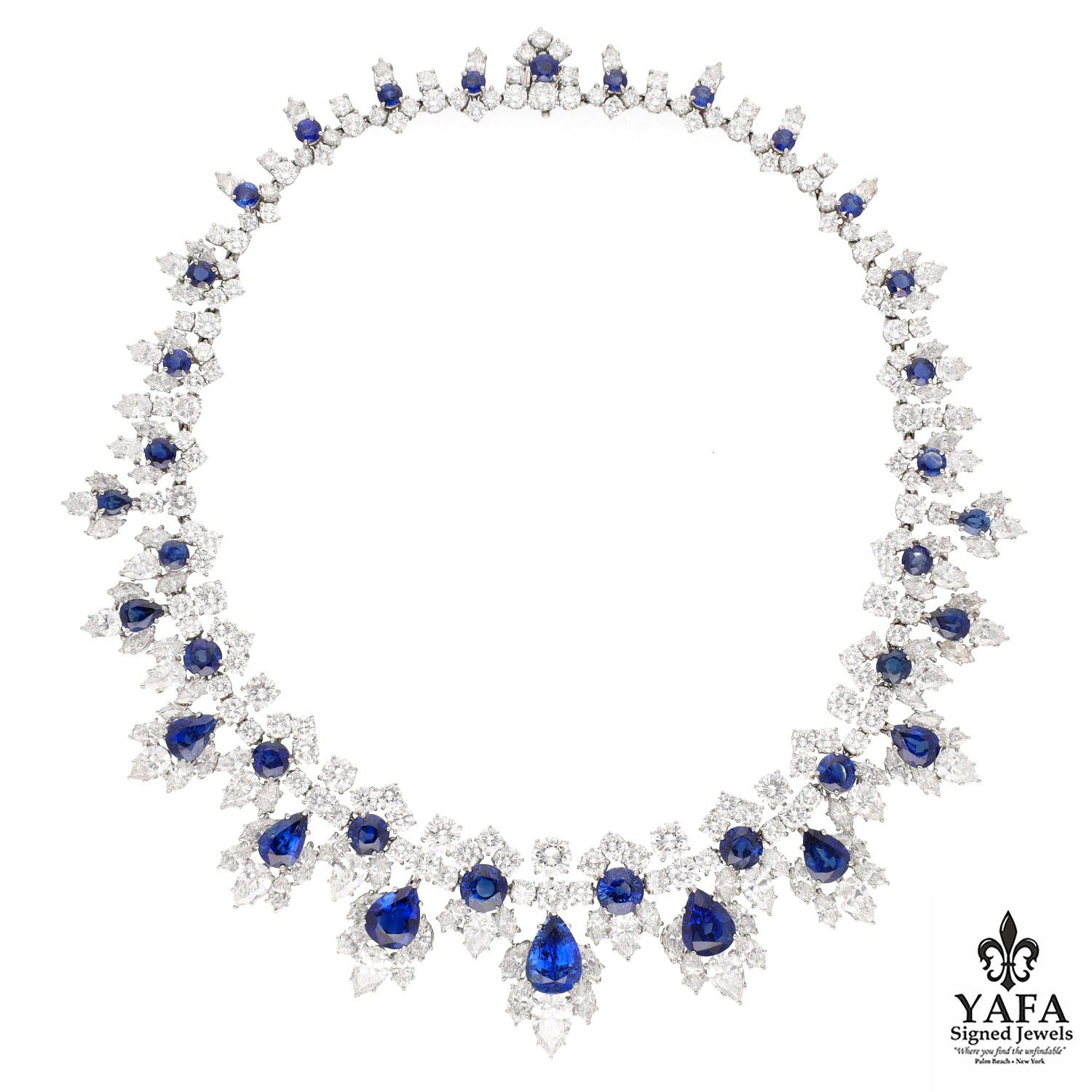 HARRY WINSTON Sapphire and Diamond Bib Necklace and Ear Clips In Excellent Condition For Sale In New York, NY