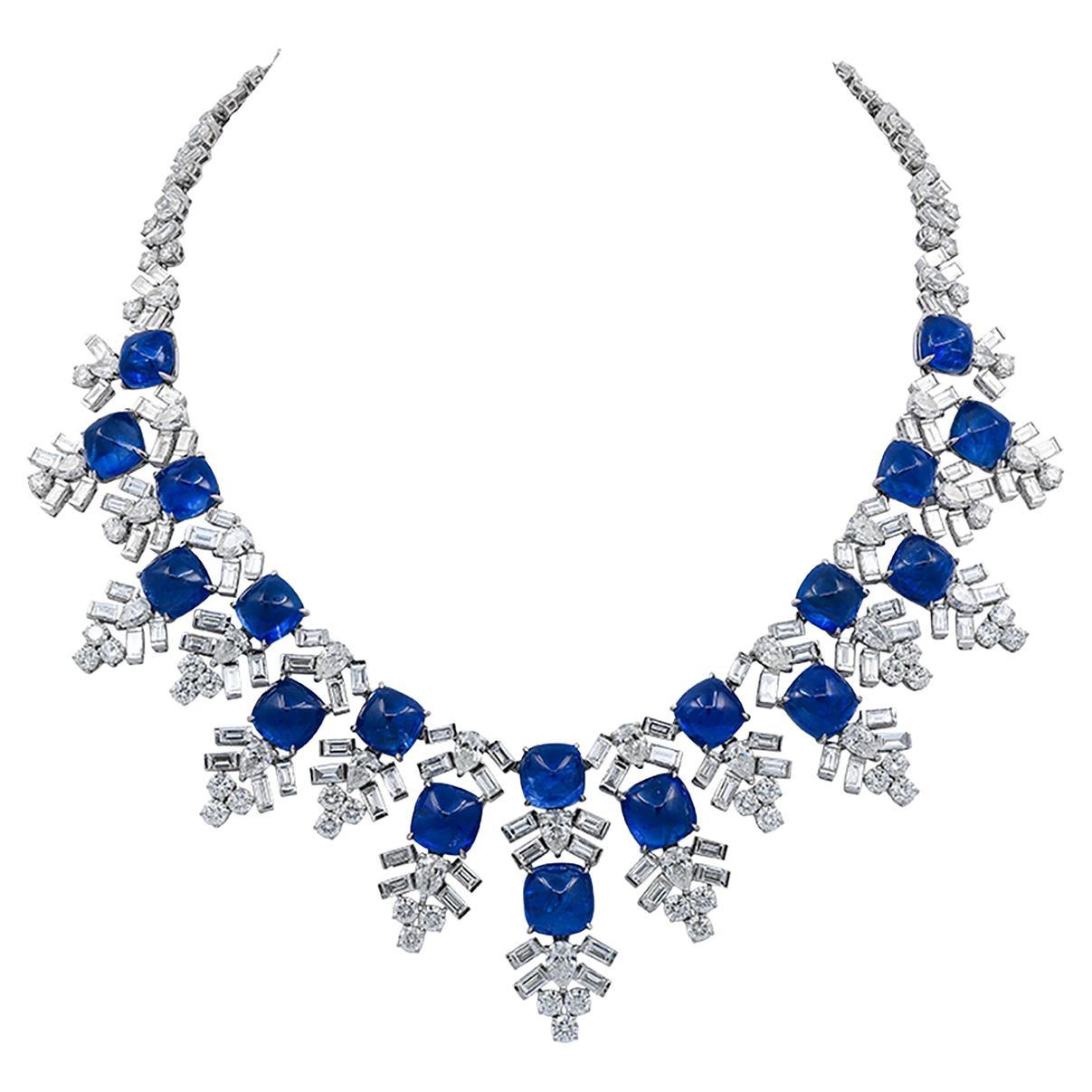 Harry Winston Jacques Timey Burmese Sapphire Diamond Necklace, 1980s For Sale