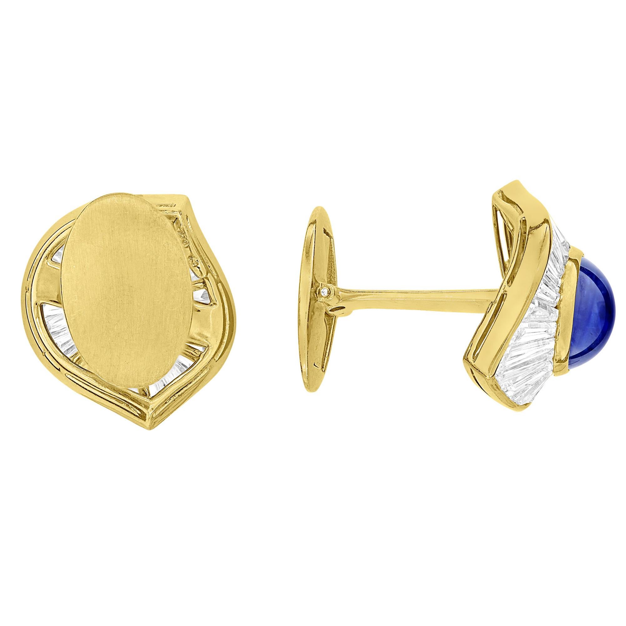 Baguette Cut Harry Winston Sapphire Diamond Yellow Gold Vintage Cufflinks For Sale