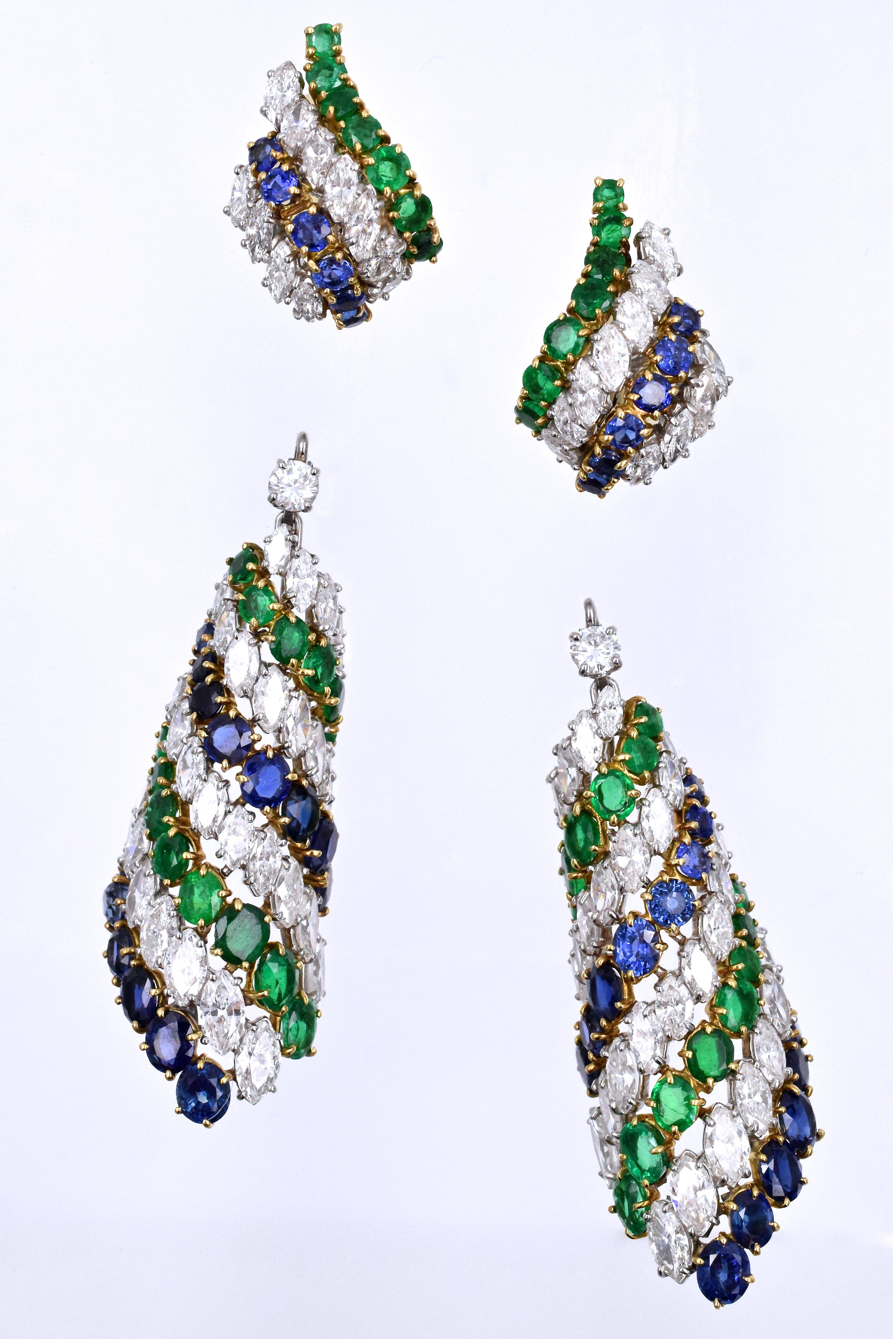 Marquise Cut Harry Winston Sapphire, Emerald and Diamond Pendant-Earclips